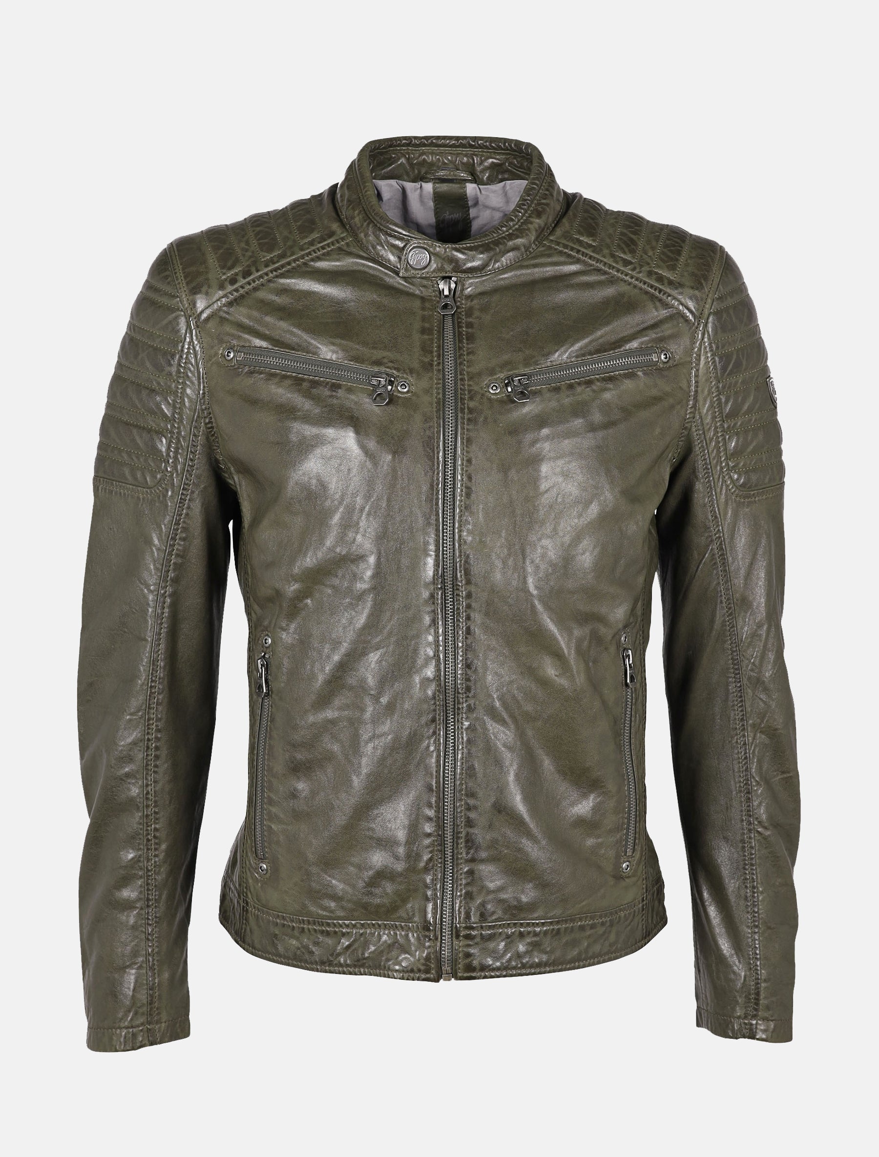 Herren Lederjacke mit Stehkragen und Steppung an Schulter - GMChesto LAORV in dark olive