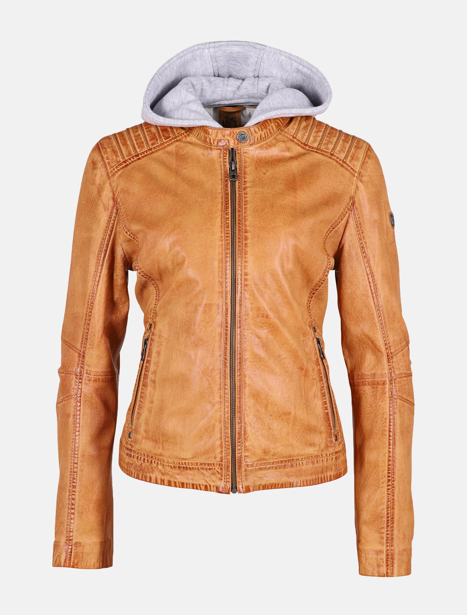 Damen Bikerjacke Lederjacke mit abnehmbarer Jersey Kapuze - GWSallie LAMAS in caramel