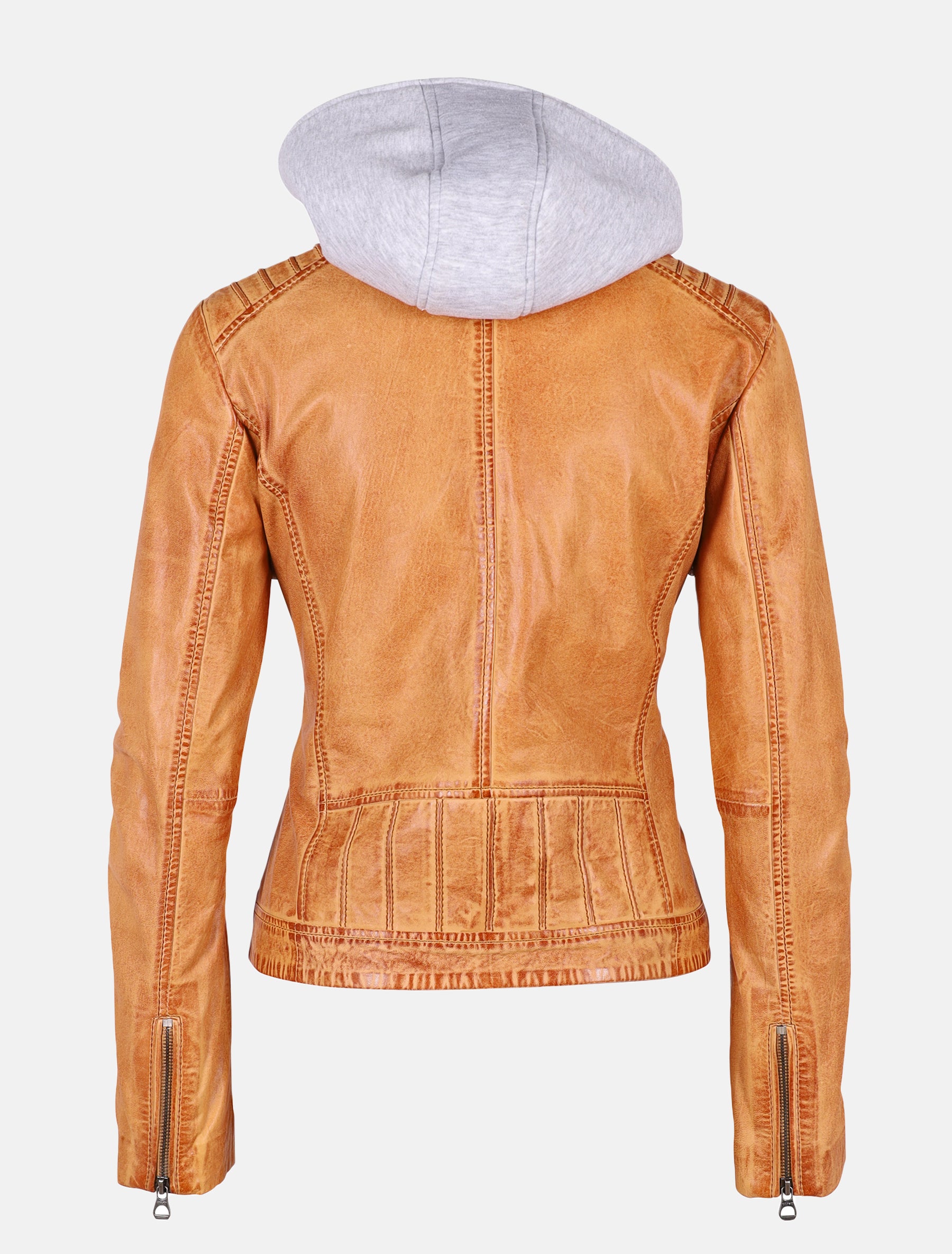 Damen Bikerjacke Lederjacke mit abnehmbarer Jersey Kapuze - GWSallie LAMAS in caramel