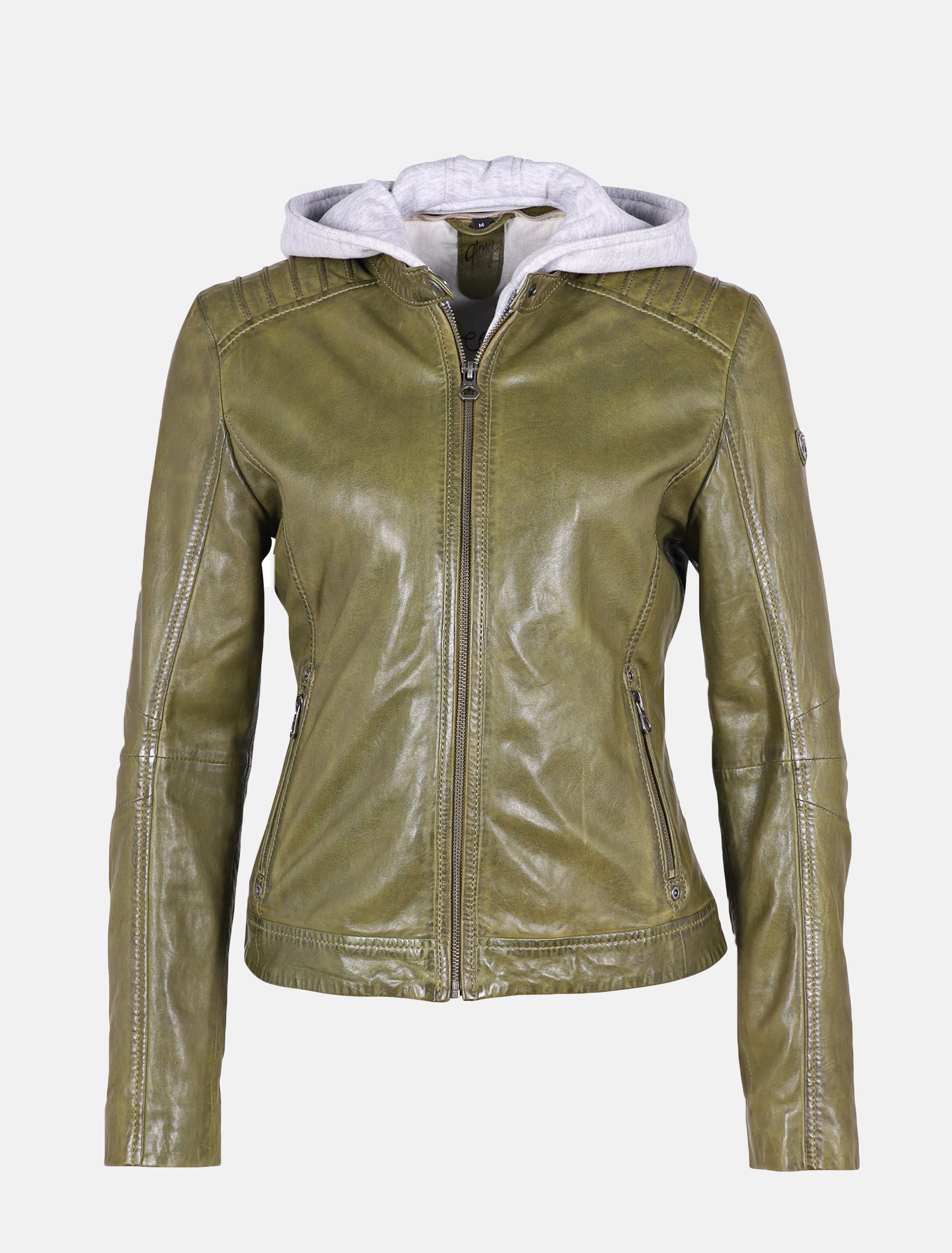 Damen Bikerjacke Lederjacke mit abnehmbarer Jersey Kapuze - GWSallie LAMAS in olive