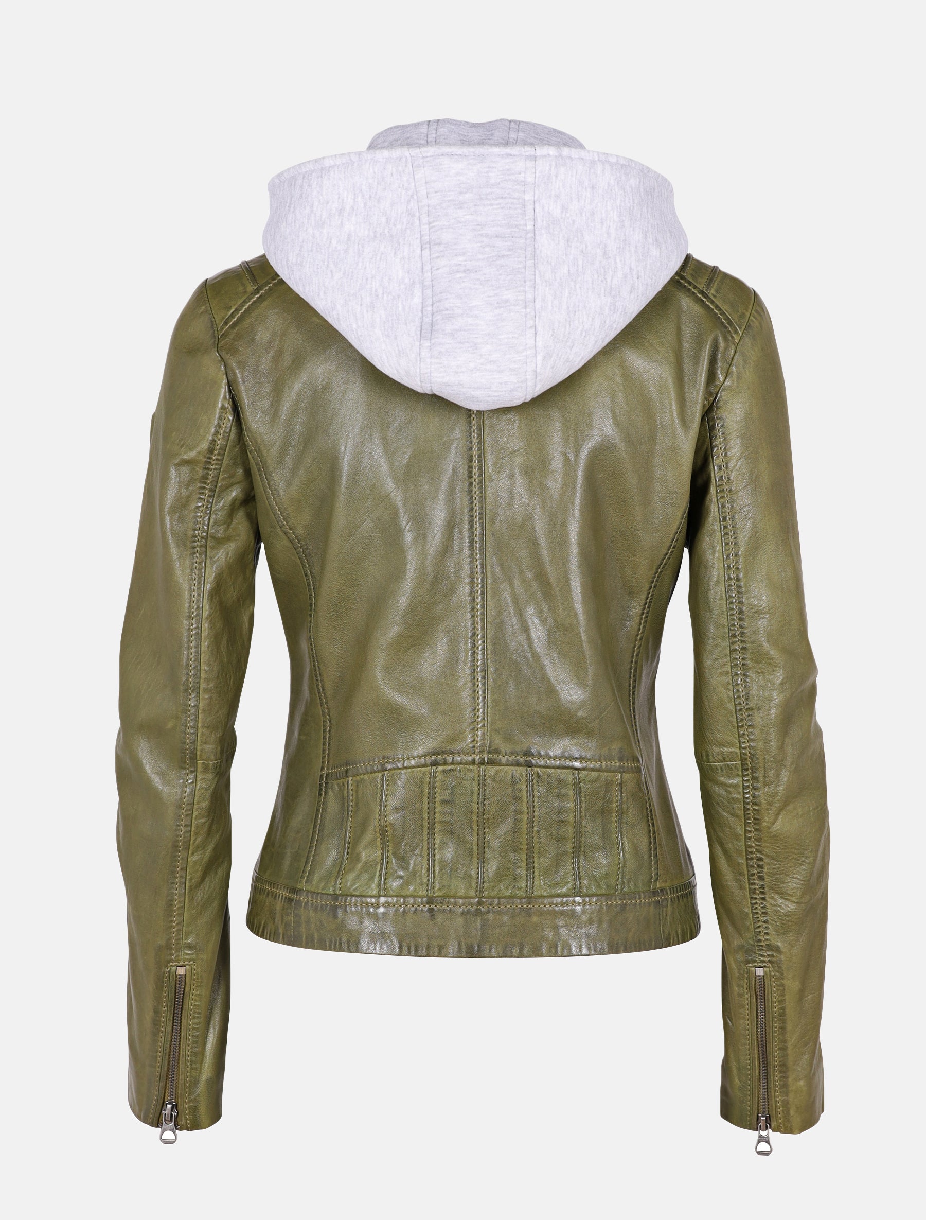 Damen Bikerjacke Lederjacke mit abnehmbarer Jersey Kapuze - GWSallie LAMAS in olive