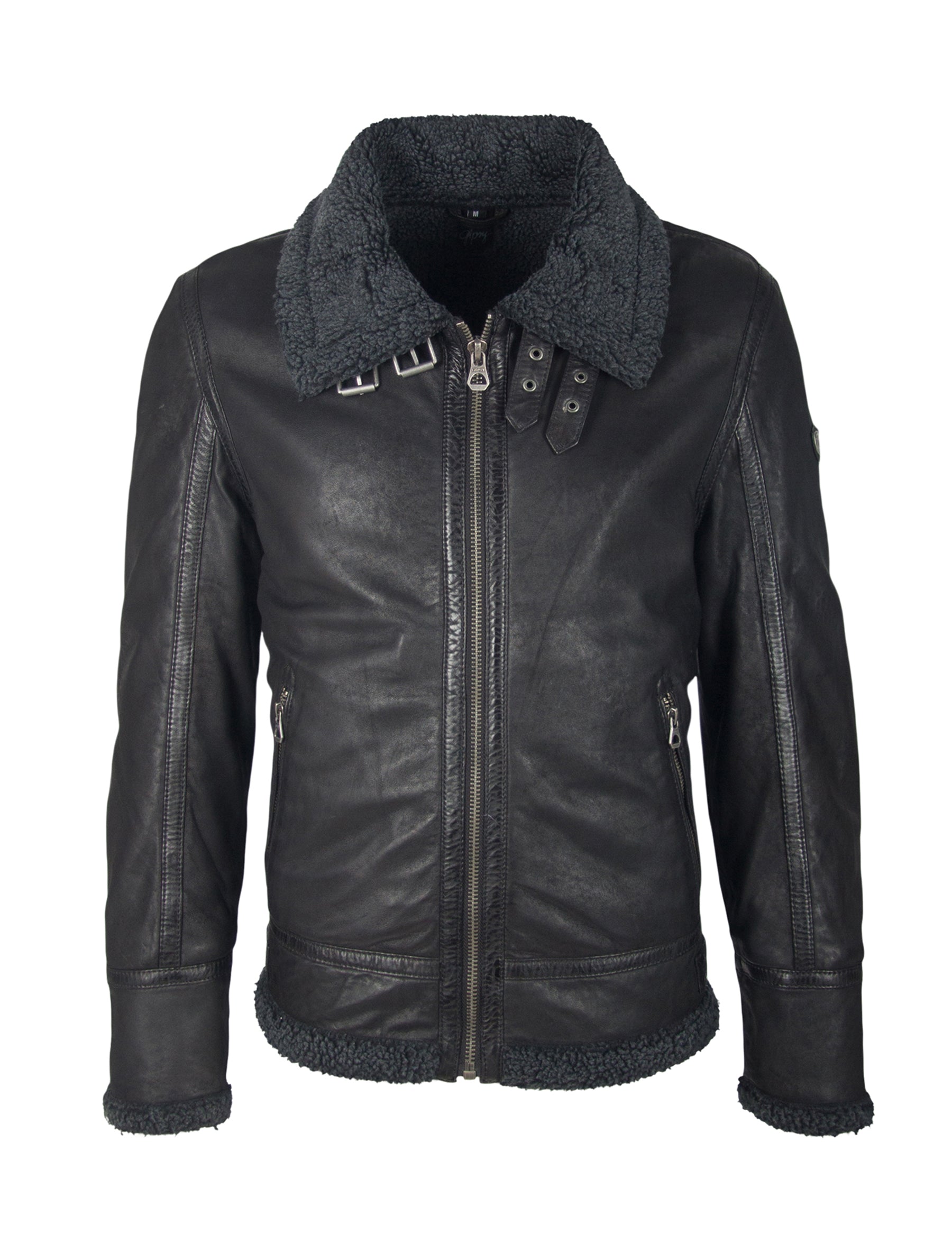 Herren Bikerjacke Fliegerjacke mit Riemen am Kunstfell Kragen - Airforce in schwarz