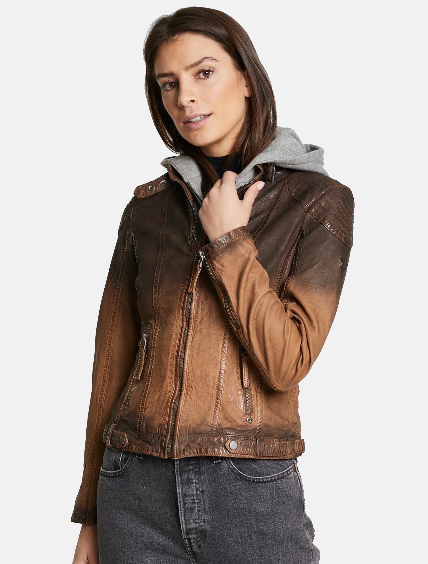 Damen Lederjacke sportlich mit Farbverlauf und Hoodie - Cascha LAMOV in antik braun