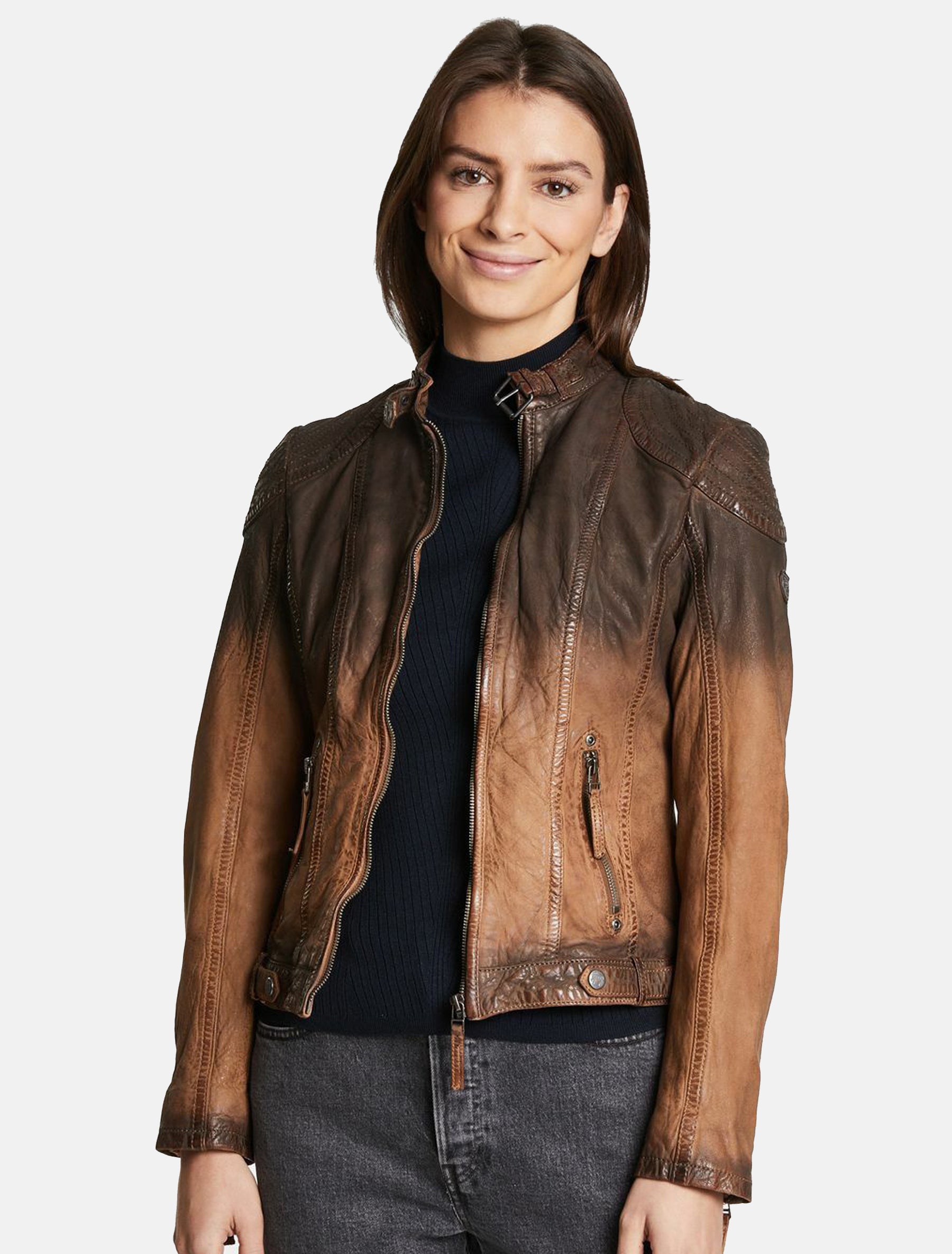 Damen Lederjacke sportlich mit Farbverlauf und Hoodie - Cascha LAMOV in antik braun