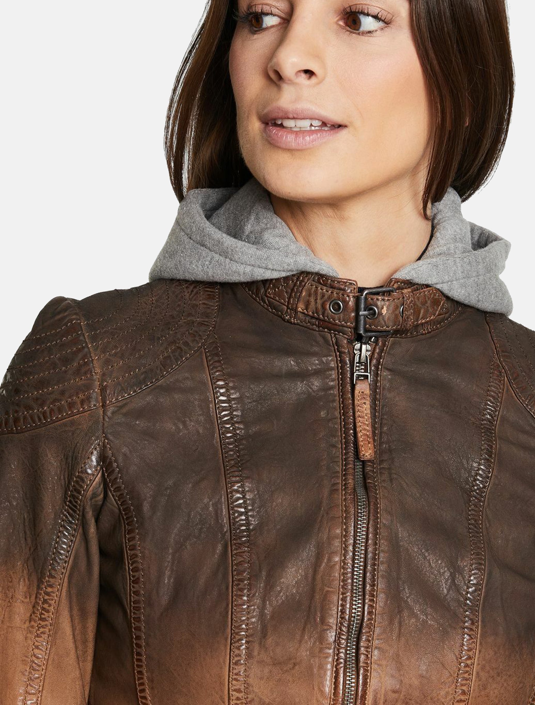 Damen Lederjacke sportlich mit Farbverlauf und Hoodie - Cascha LAMOV in antik braun