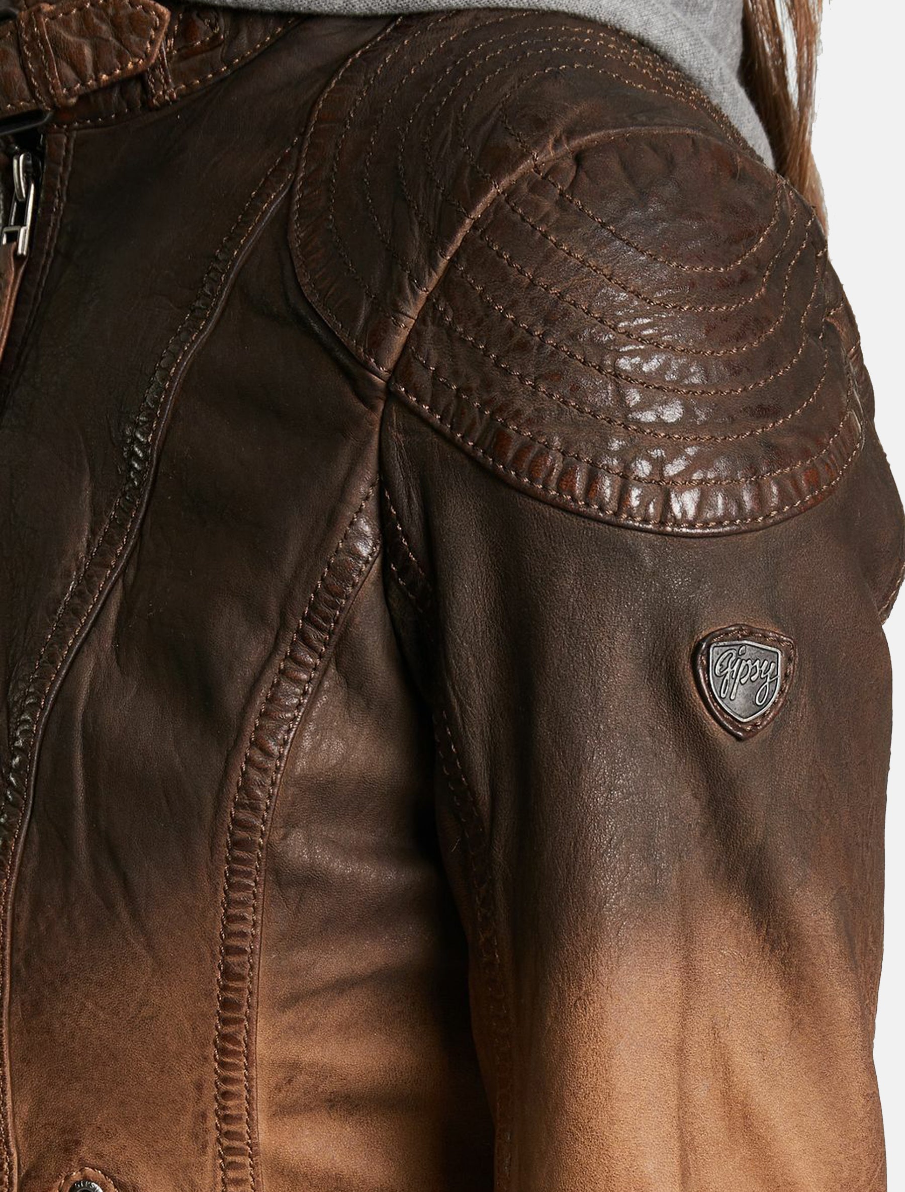 Damen Lederjacke sportlich mit Farbverlauf und Hoodie - Cascha LAMOV in antik braun