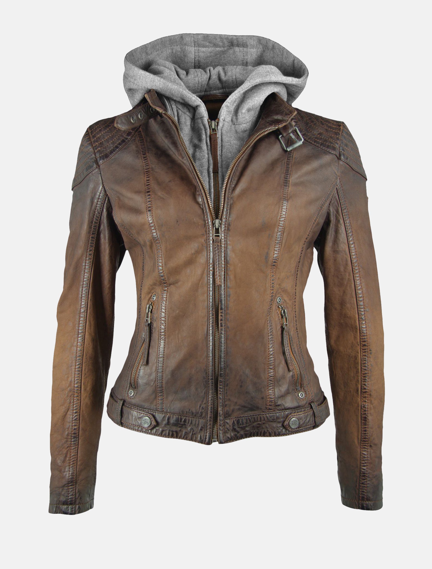 Damen Lederjacke sportlich mit Farbverlauf und Hoodie - Cascha LAMOV in antik braun