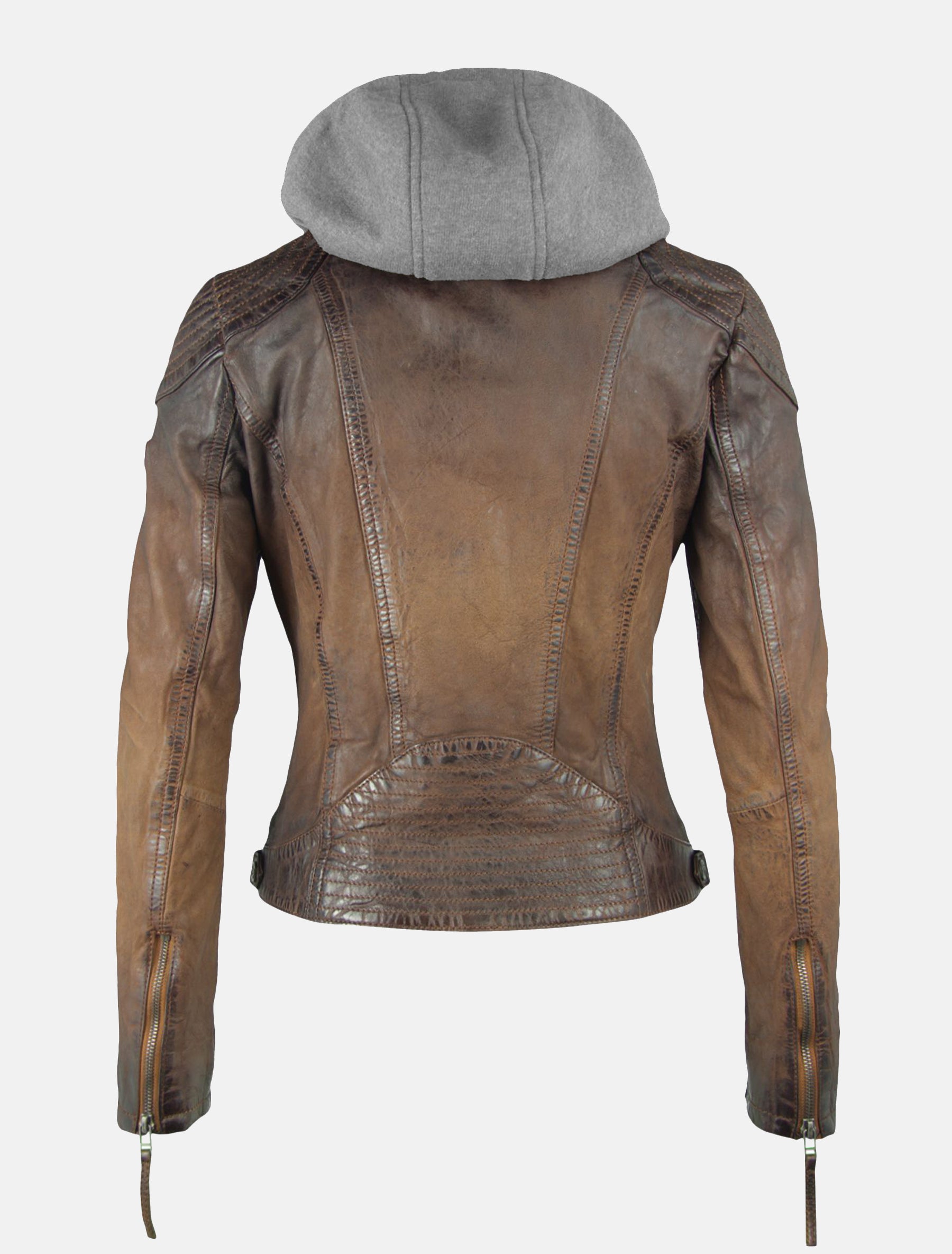 Damen Lederjacke sportlich mit Farbverlauf und Hoodie - Cascha LAMOV in antik braun