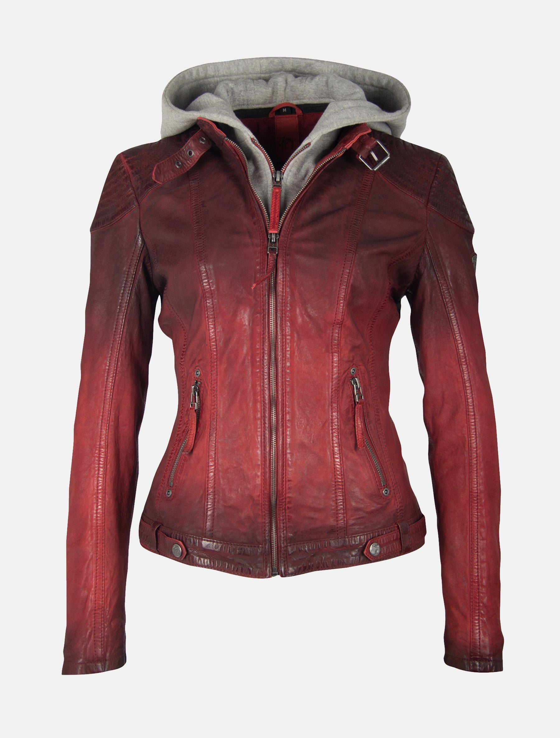 Damen Lederjacke sportlich mit Farbverlauf und Hoodie - Cascha LAMOV in bio rot