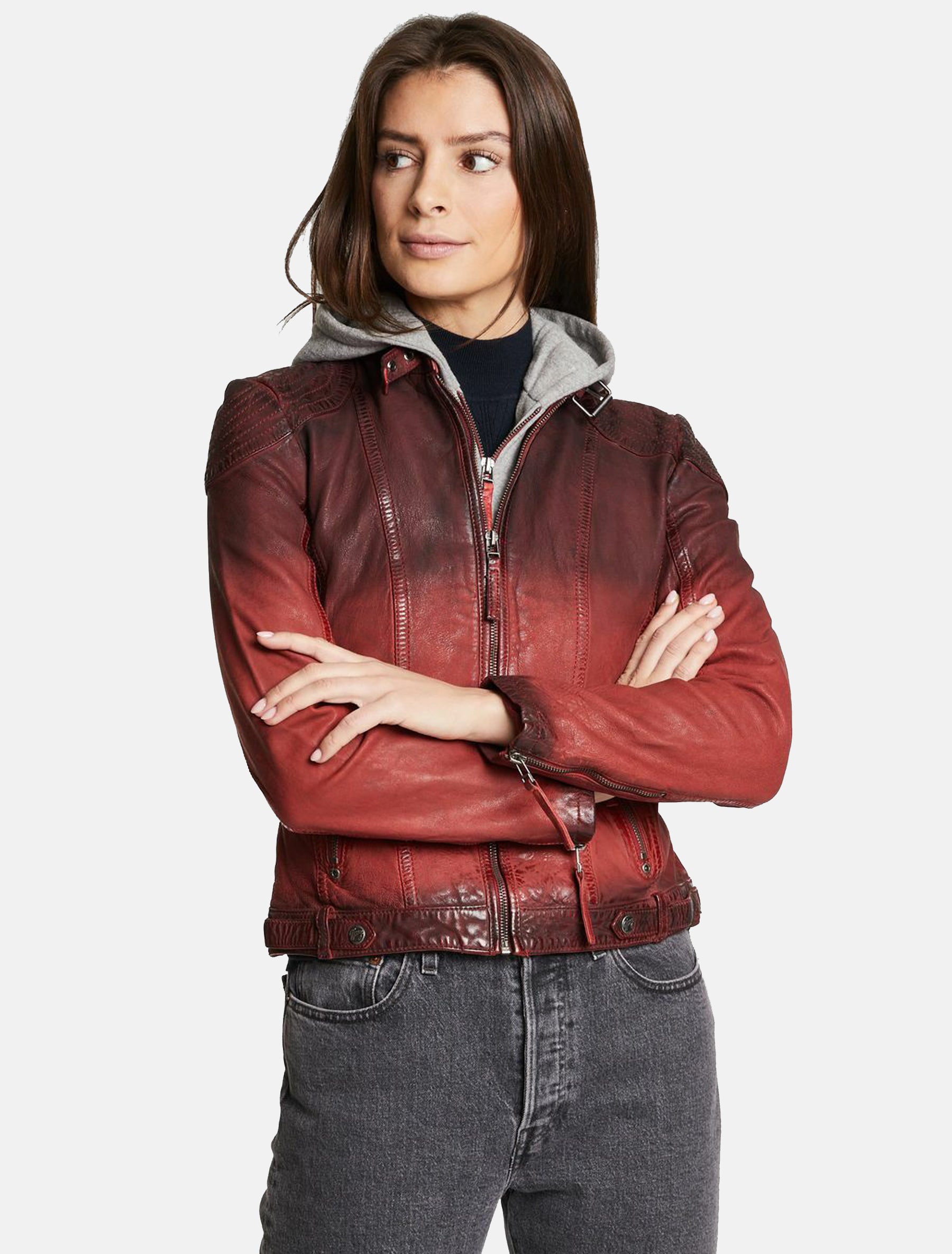 Damen Lederjacke sportlich mit Farbverlauf und Hoodie - Cascha LAMOV in bio rot