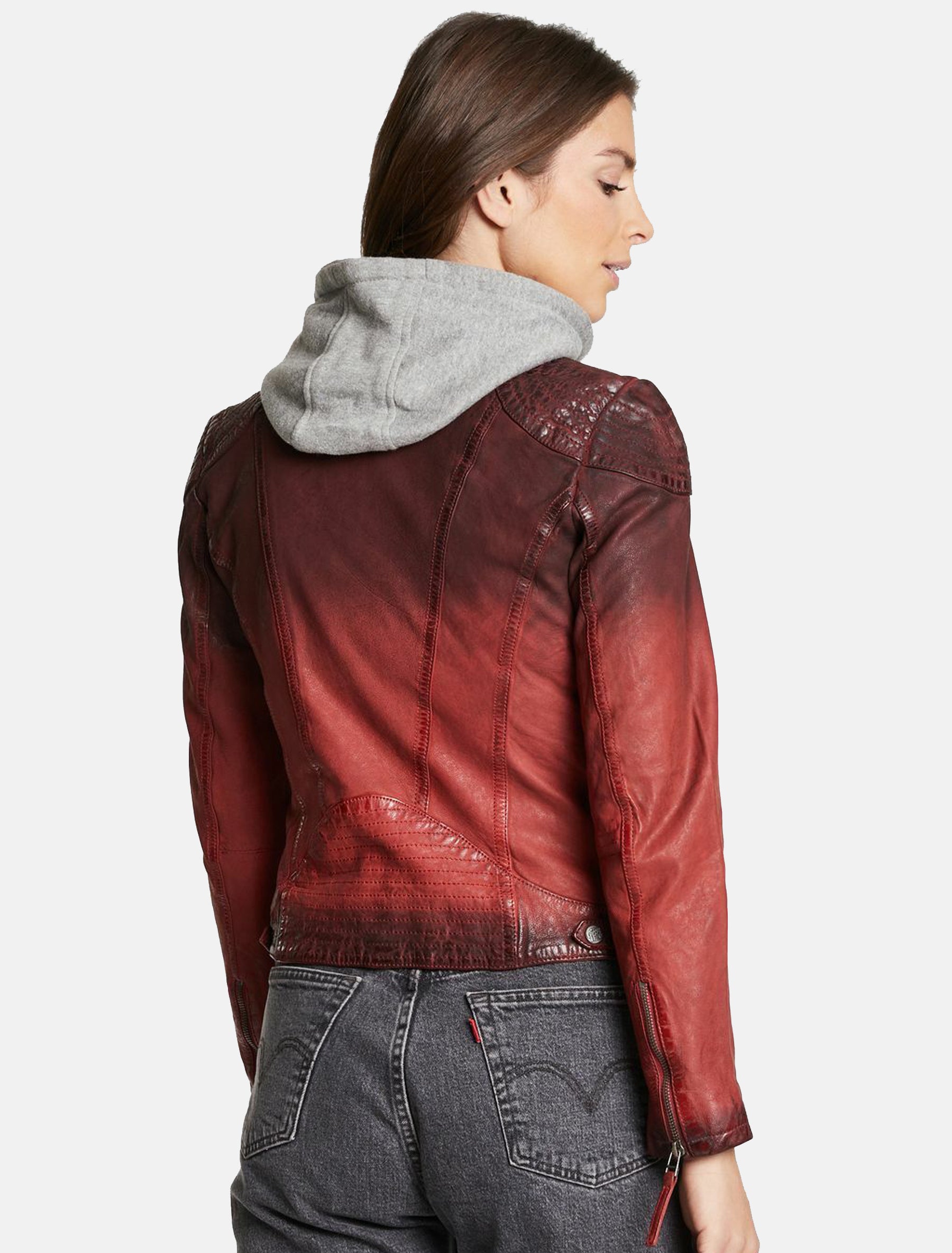 Damen Lederjacke sportlich mit Farbverlauf und Hoodie - Cascha LAMOV in bio rot