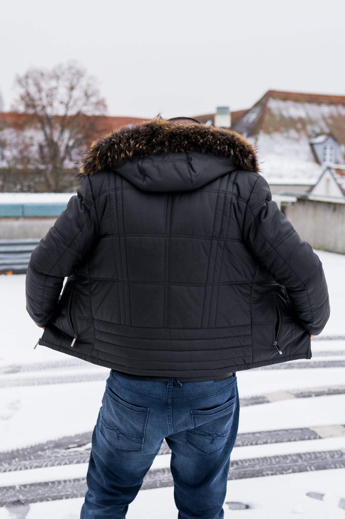 Herren Lederjacke Steppjacke aus weichem Leder mit Echtfell Kapuze - Alaska in schwarz