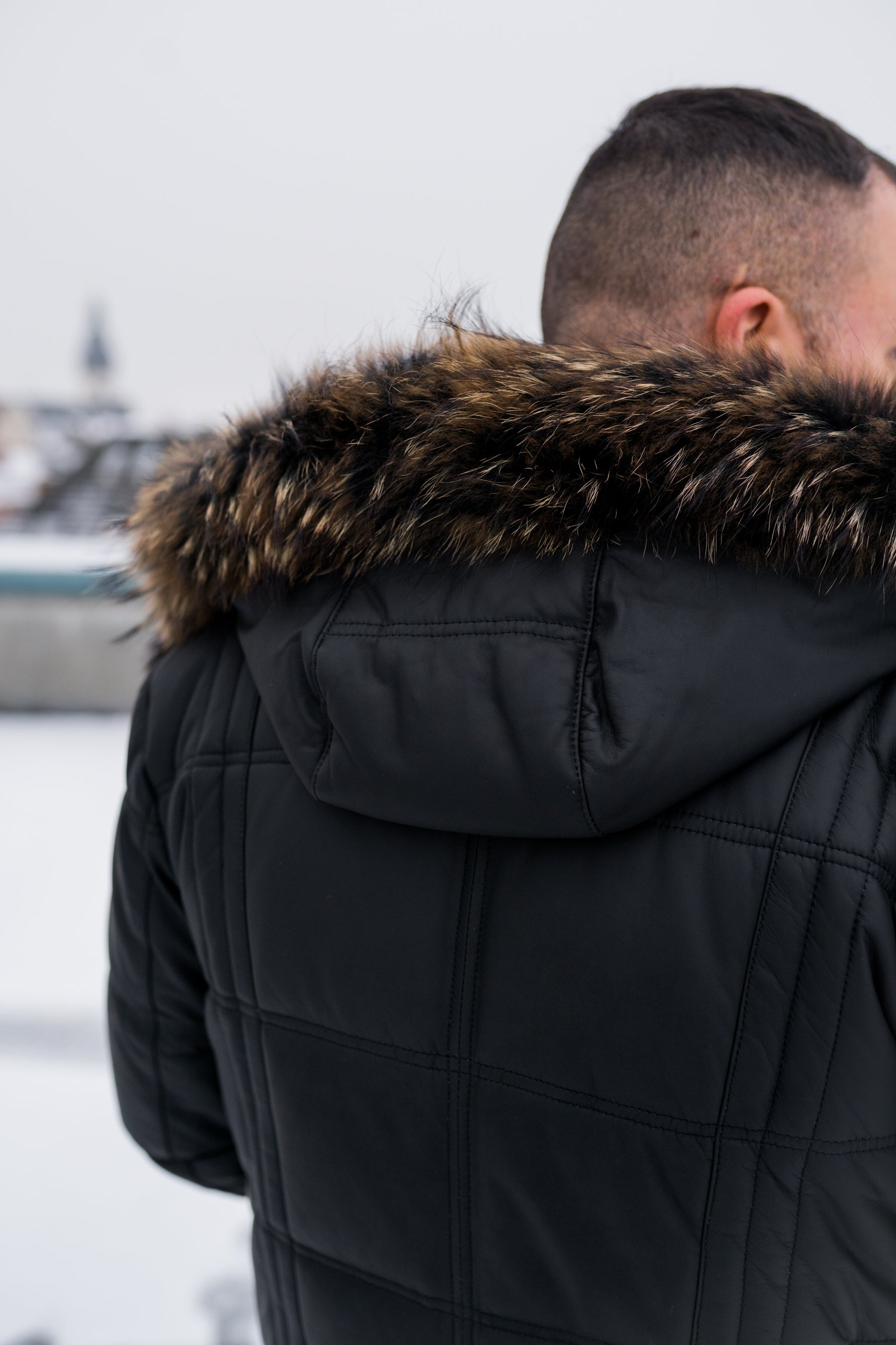 Herren Lederjacke Steppjacke aus weichem Leder mit Echtfell Kapuze - Alaska in schwarz