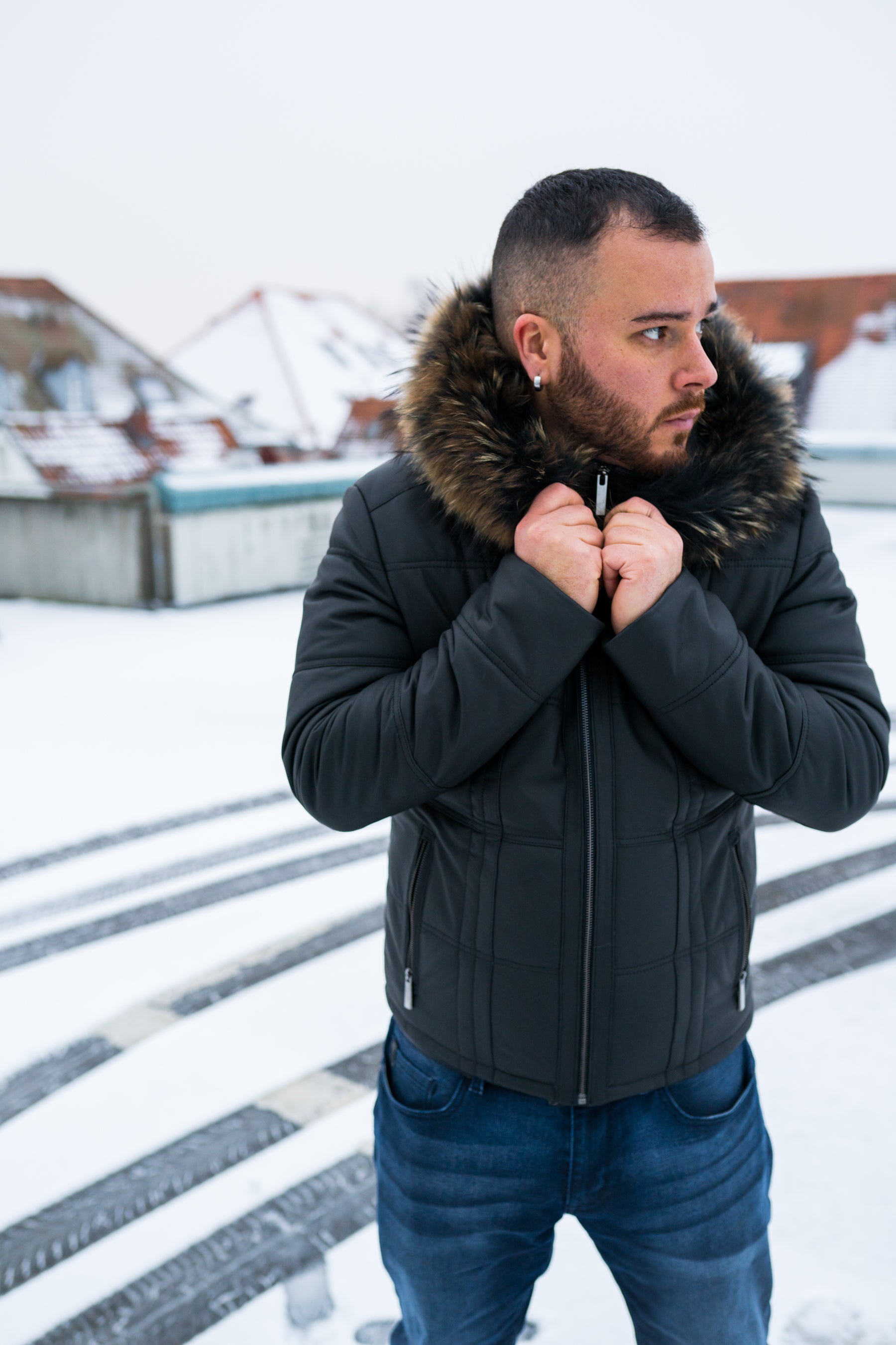 Herren Lederjacke Steppjacke aus weichem Leder mit Echtfell Kapuze - Alaska in schwarz