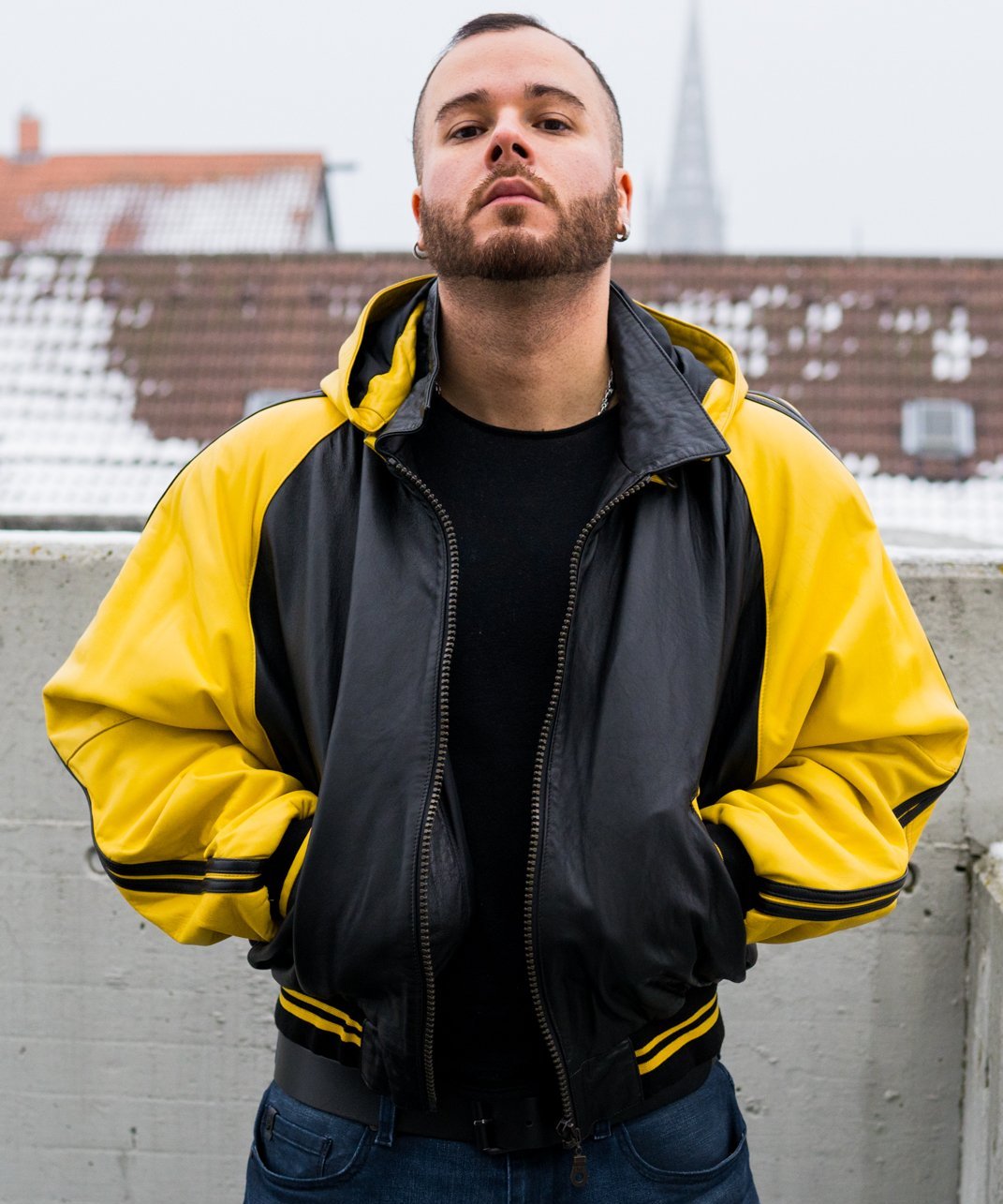 90s retro Lederjacke mit Kapuze Le Boz in gelb/schwarz | XXL
