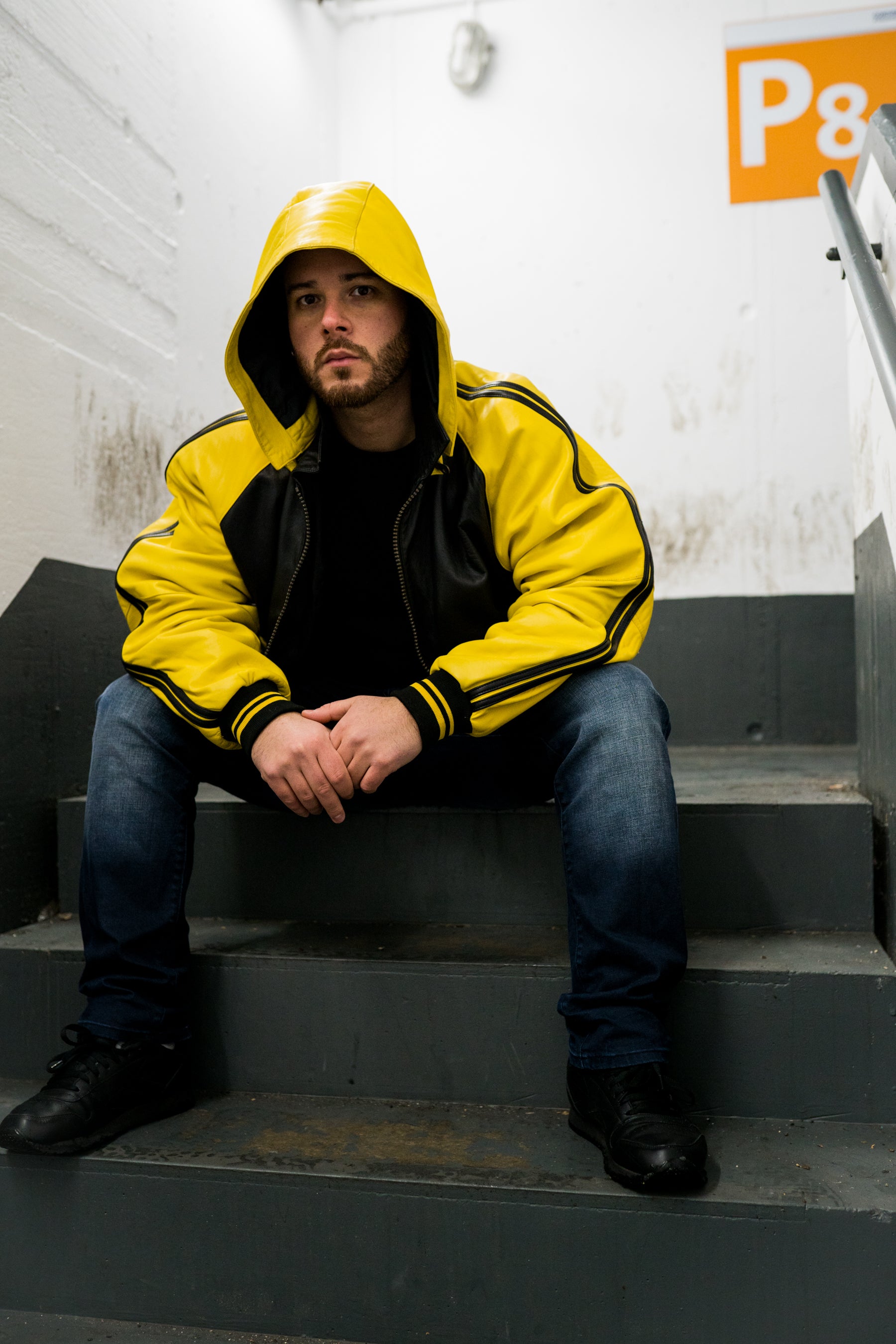 90s retro Lederjacke mit Kapuze Le Boz in gelb/schwarz | XXL