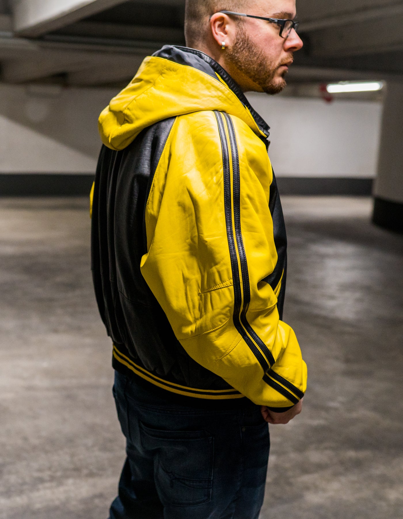 90s retro Lederjacke mit Kapuze Le Boz in gelb/schwarz | XXL