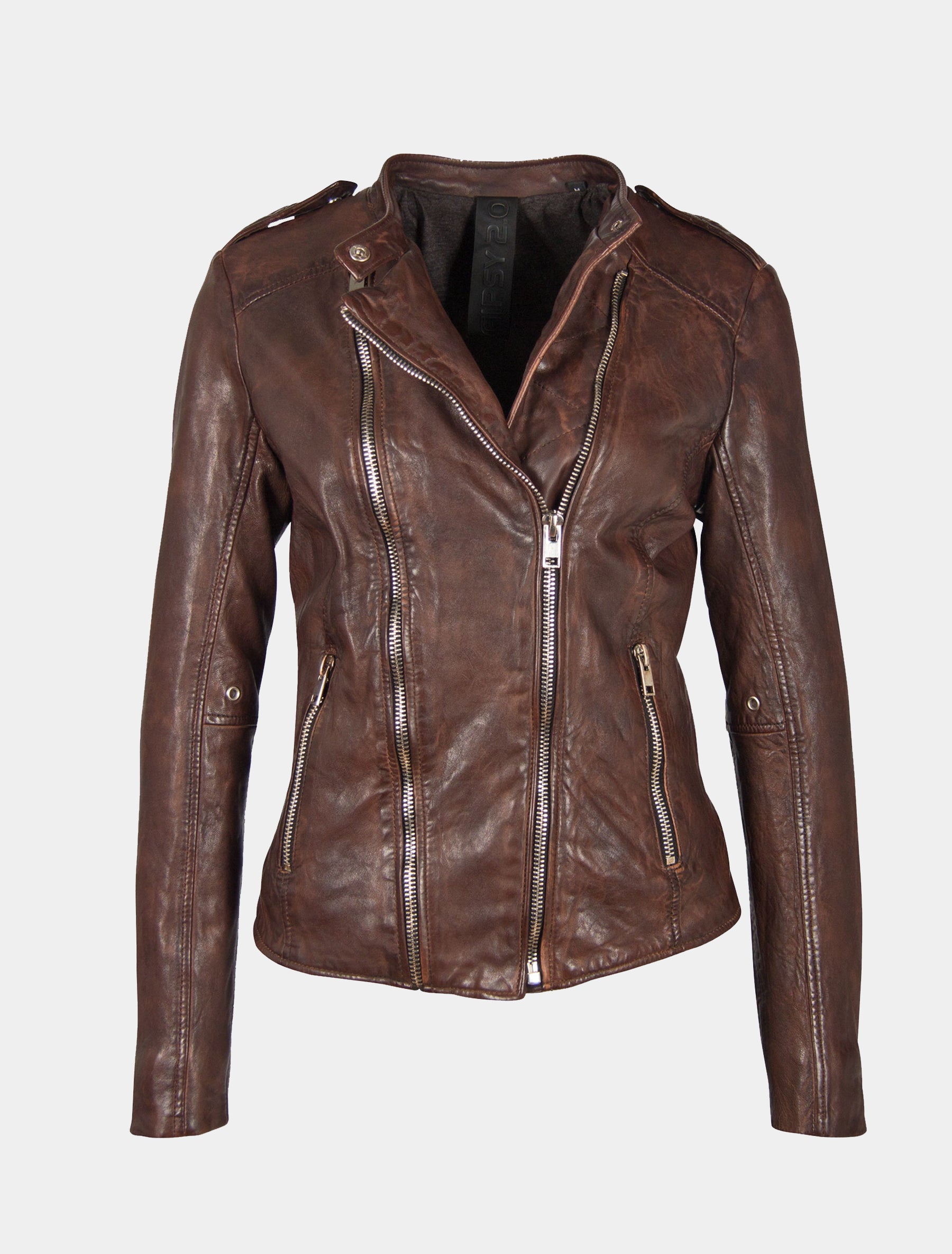 Damen Biker Lederjacke mit asymmetrischem Zipper und Stehkragen - Gipsy G2GKaylin SF in chestnut