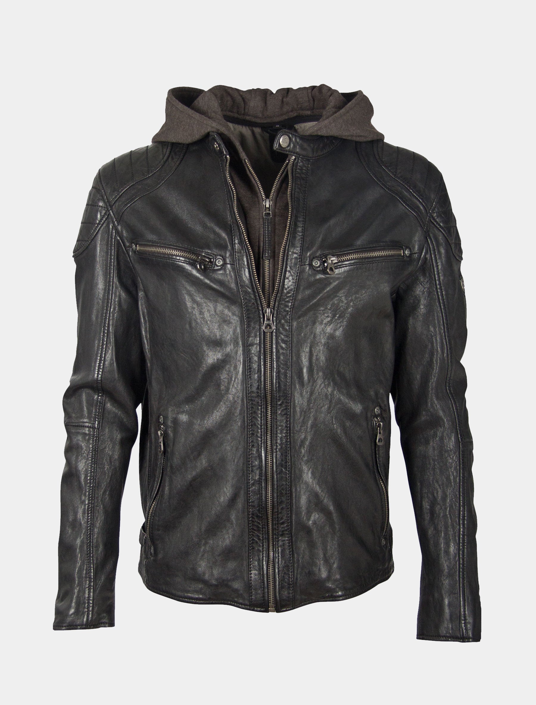 Herren Biker Lederjacke mit abnehmbarer Jersey Kapuze Comfort Fit - GBArlo CF LATOV in schwarz