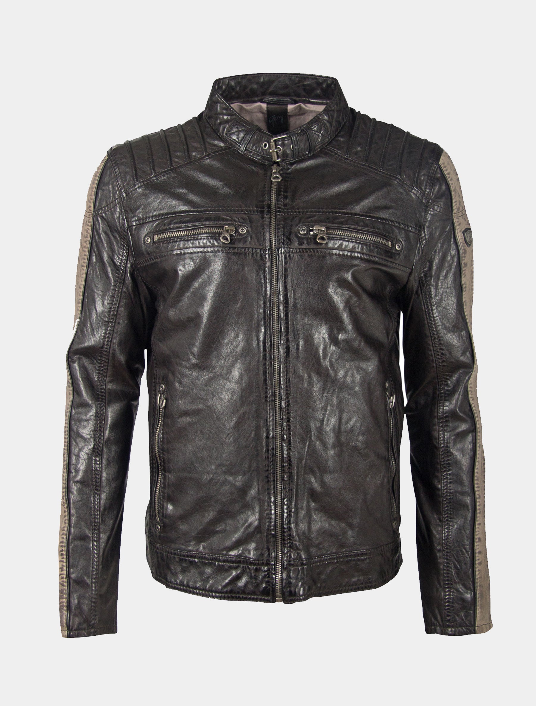 Herren Biker Lederjacke mit Streifen an Arm und Stehkragen - GBBrenton LARIV in schwarz taupe