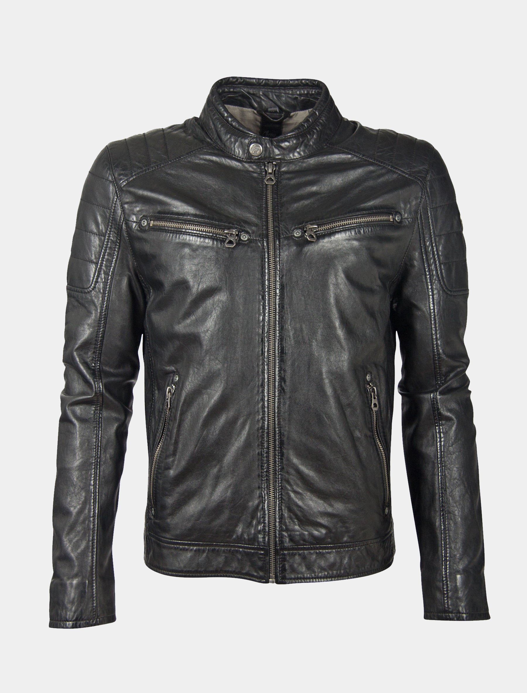 Biker Lederjacke mit Stehkragen und Steppung an Schulter - GBDerry LAORV in schwarz