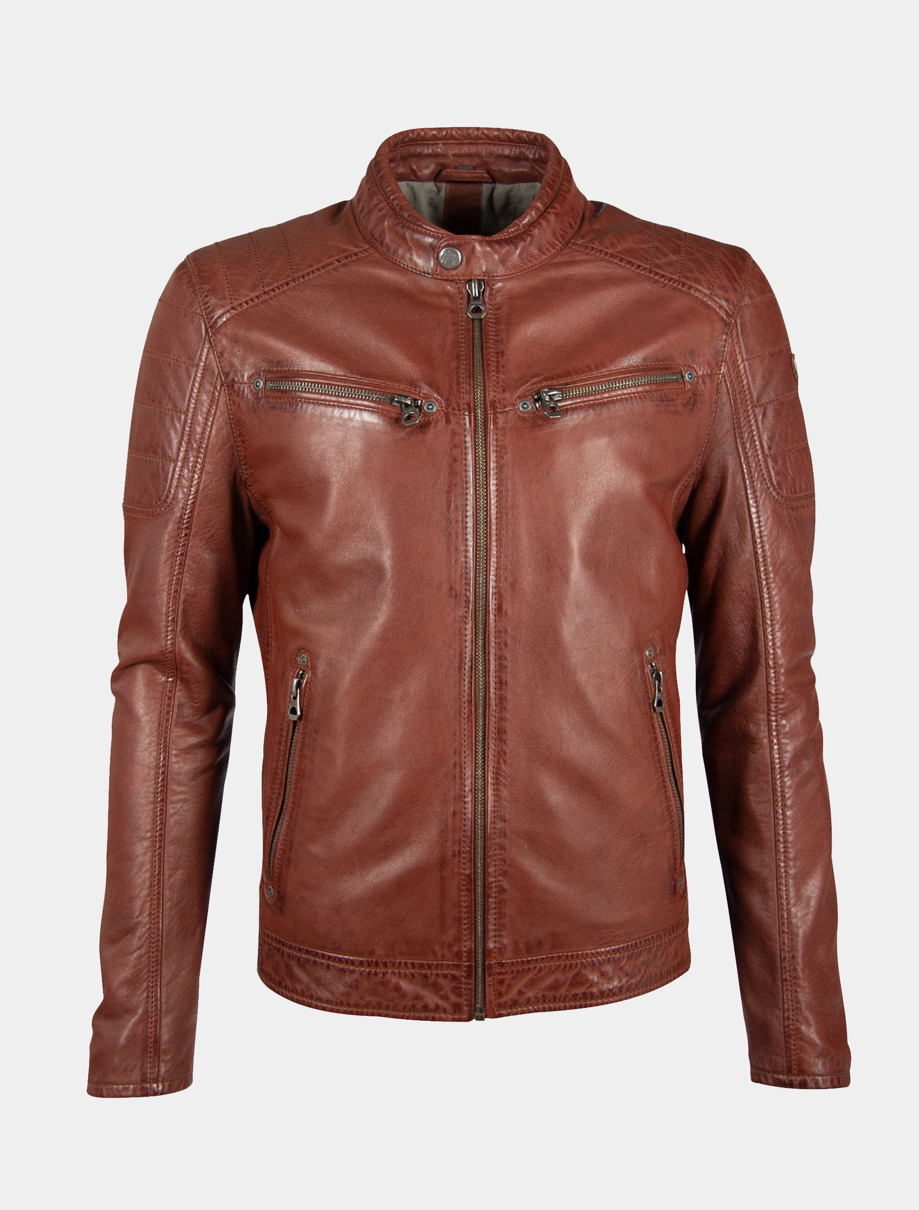 Biker Lederjacke mit Stehkragen und Steppung an Schulter - GBDerry LAORV in dark cognac