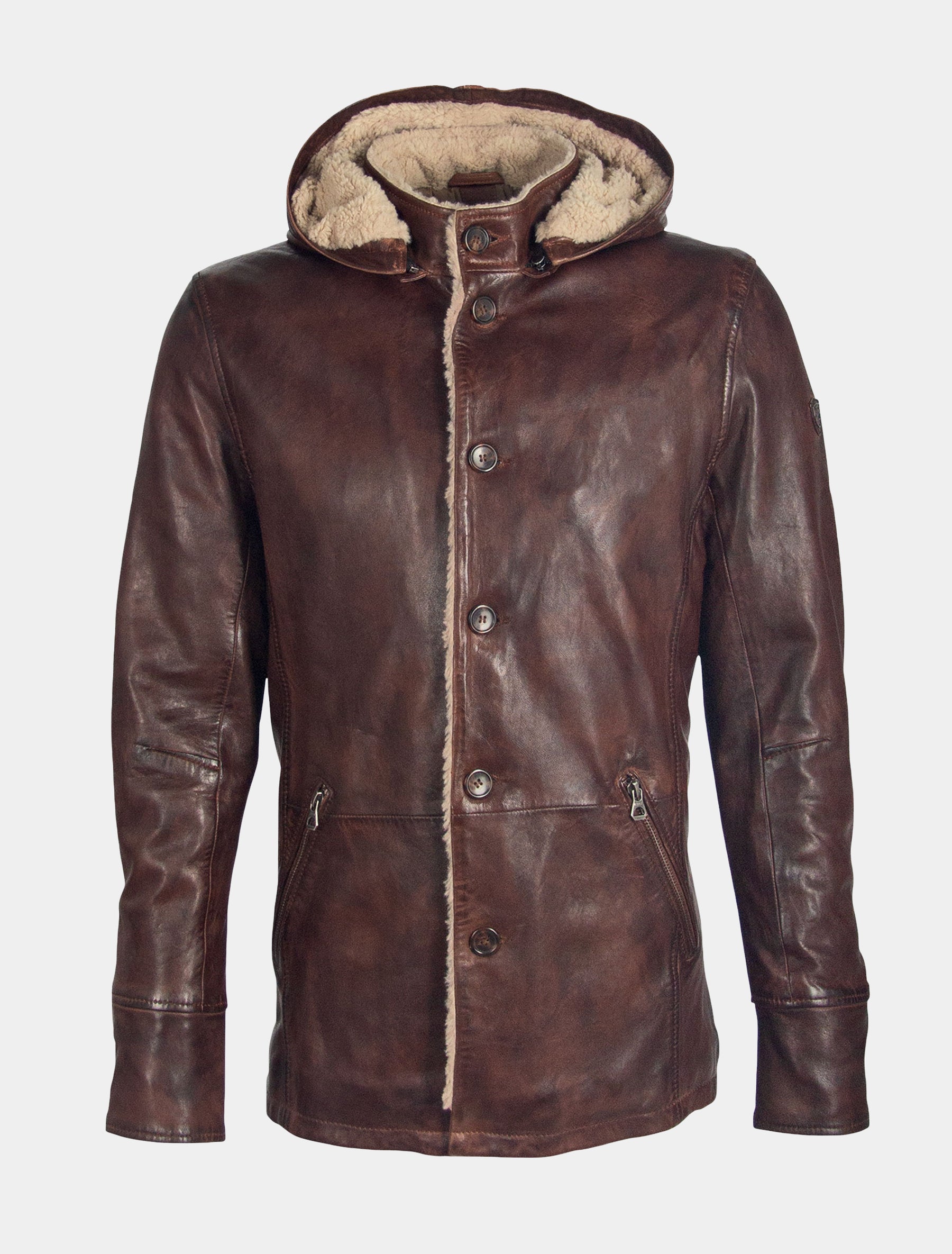 Lange Herren Lederjacke mit abnehmbarer Kapuze und Knopfverschluss - GBEmbri STUV W in kastanien braun