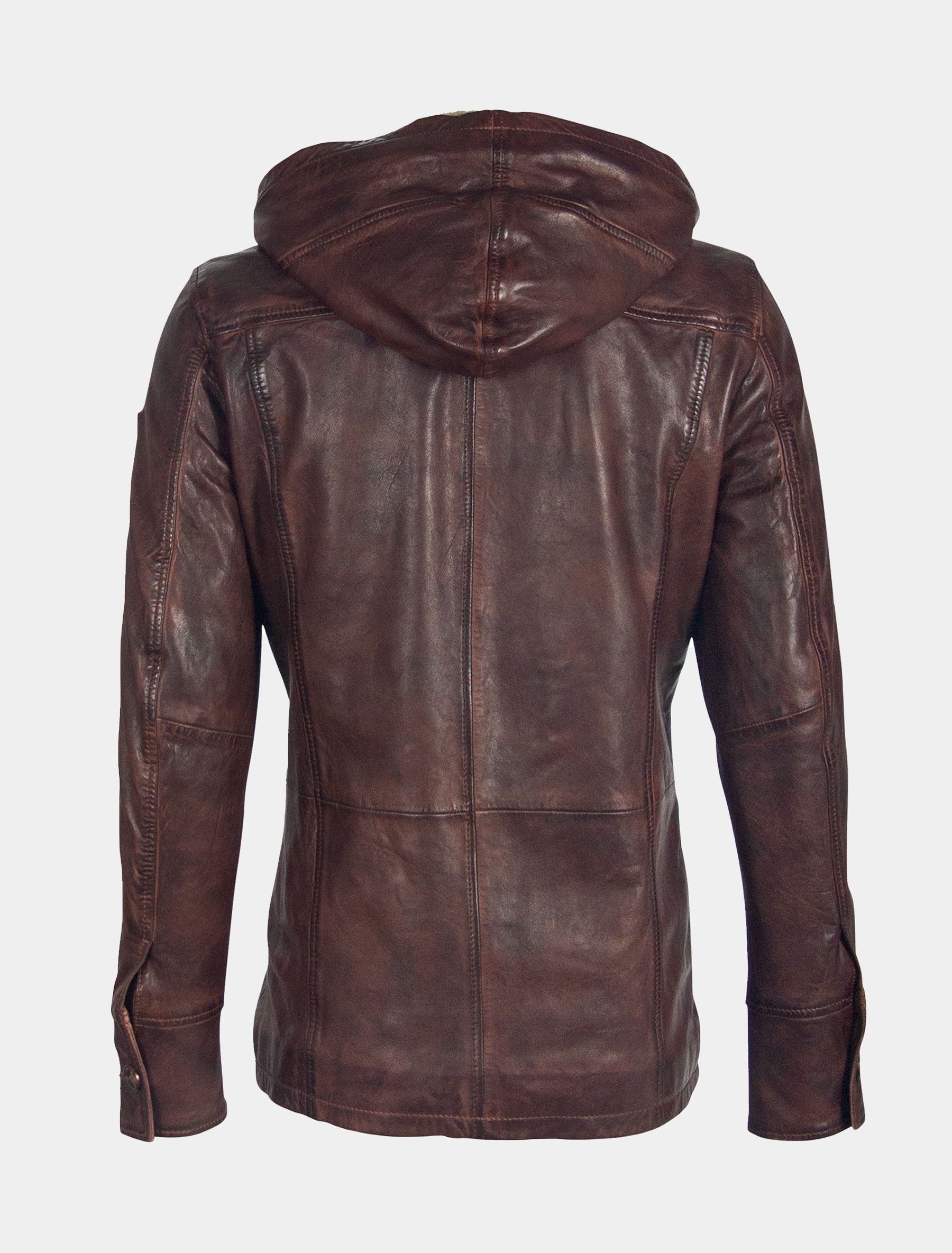Lange Herren Lederjacke mit abnehmbarer Kapuze und Knopfverschluss - GBEmbri STUV W in kastanien braun