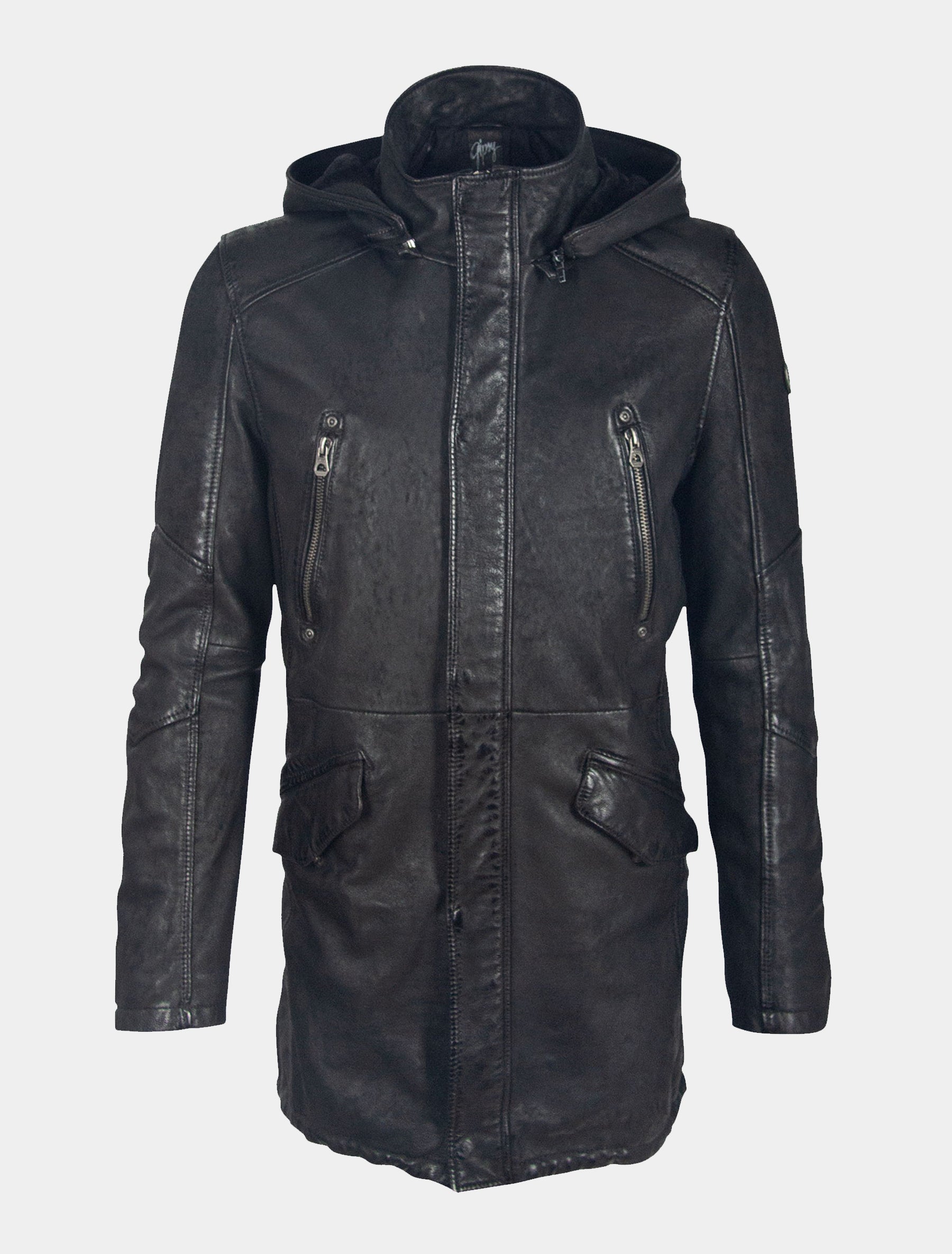 Herren lange Lederjacke Langjacke mit abnehmbarer Kapuze - GMEsmond LCOUNTV W in schwarz