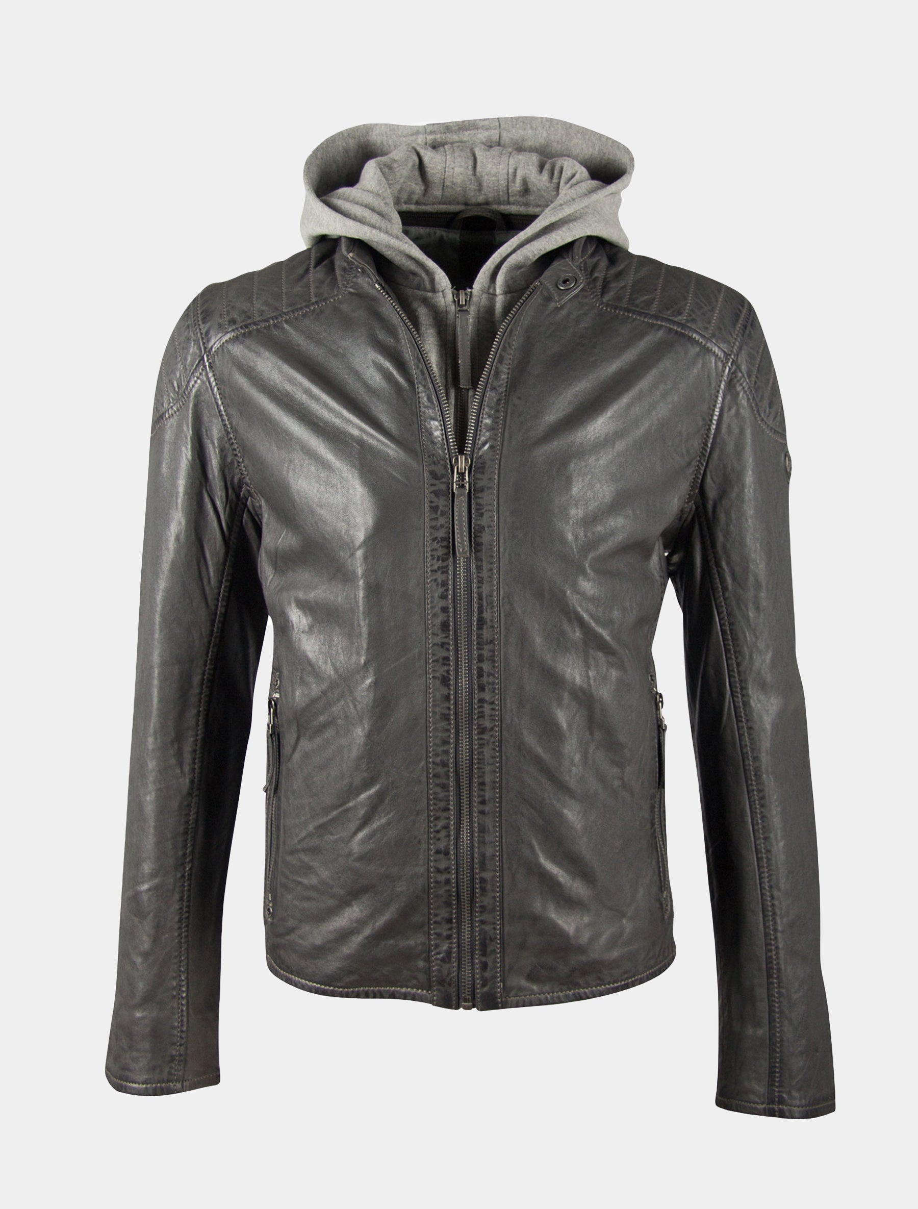 Herren Biker Lederjacke mit abnehmbarer Jersey Kapuze - GBFlynt NSLVV in anthrazit
