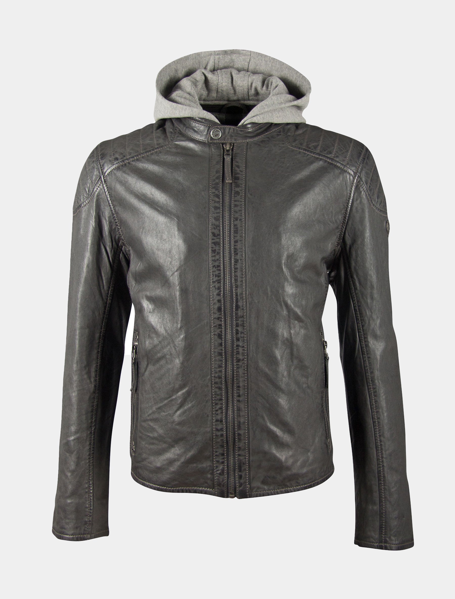 Herren Biker Lederjacke mit abnehmbarer Jersey Kapuze - GBFlynt NSLVV in anthrazit