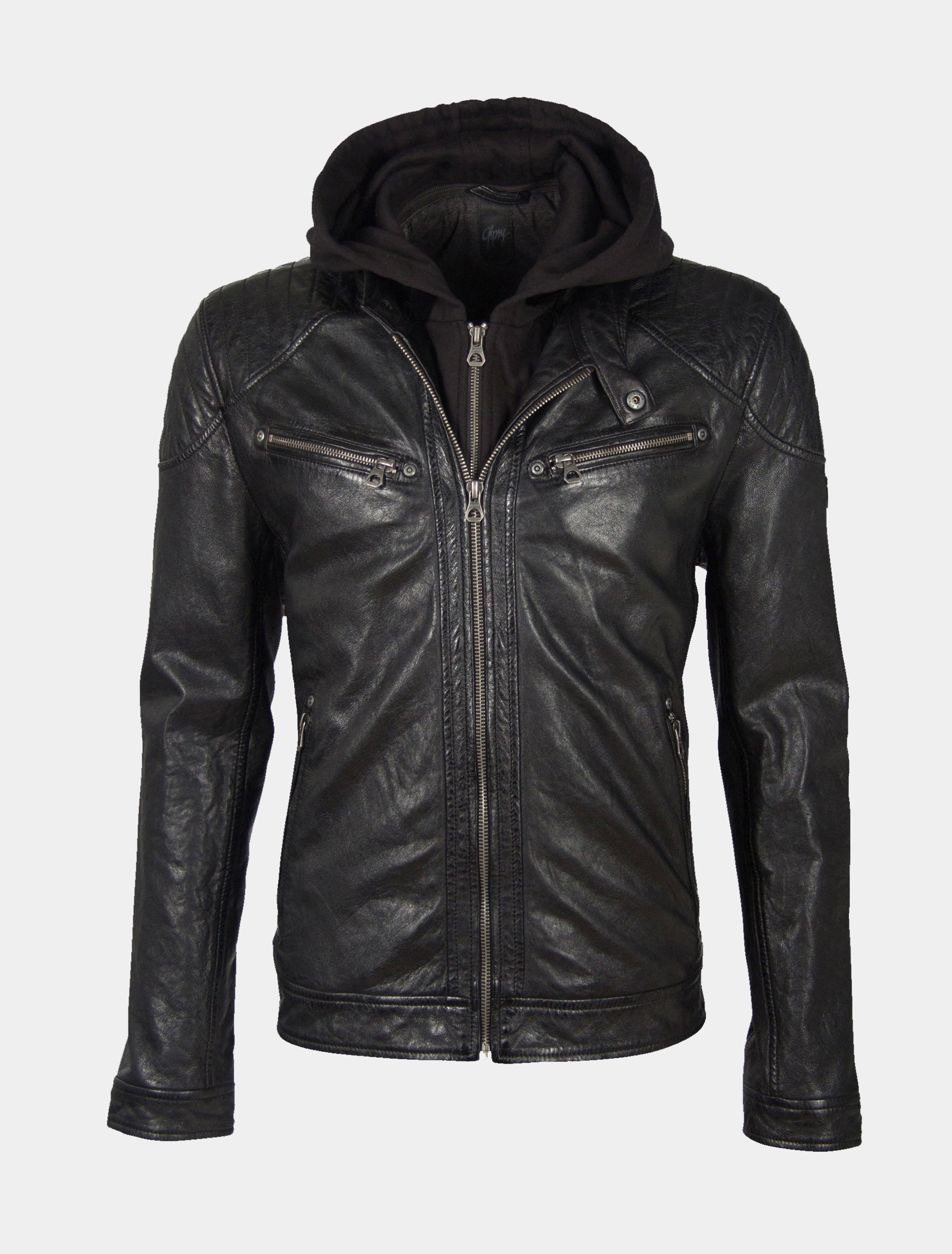 Herren Biker Lederjacke mit abnehmbarer Kapuze - GBGorey 2 LASANV in schwarz