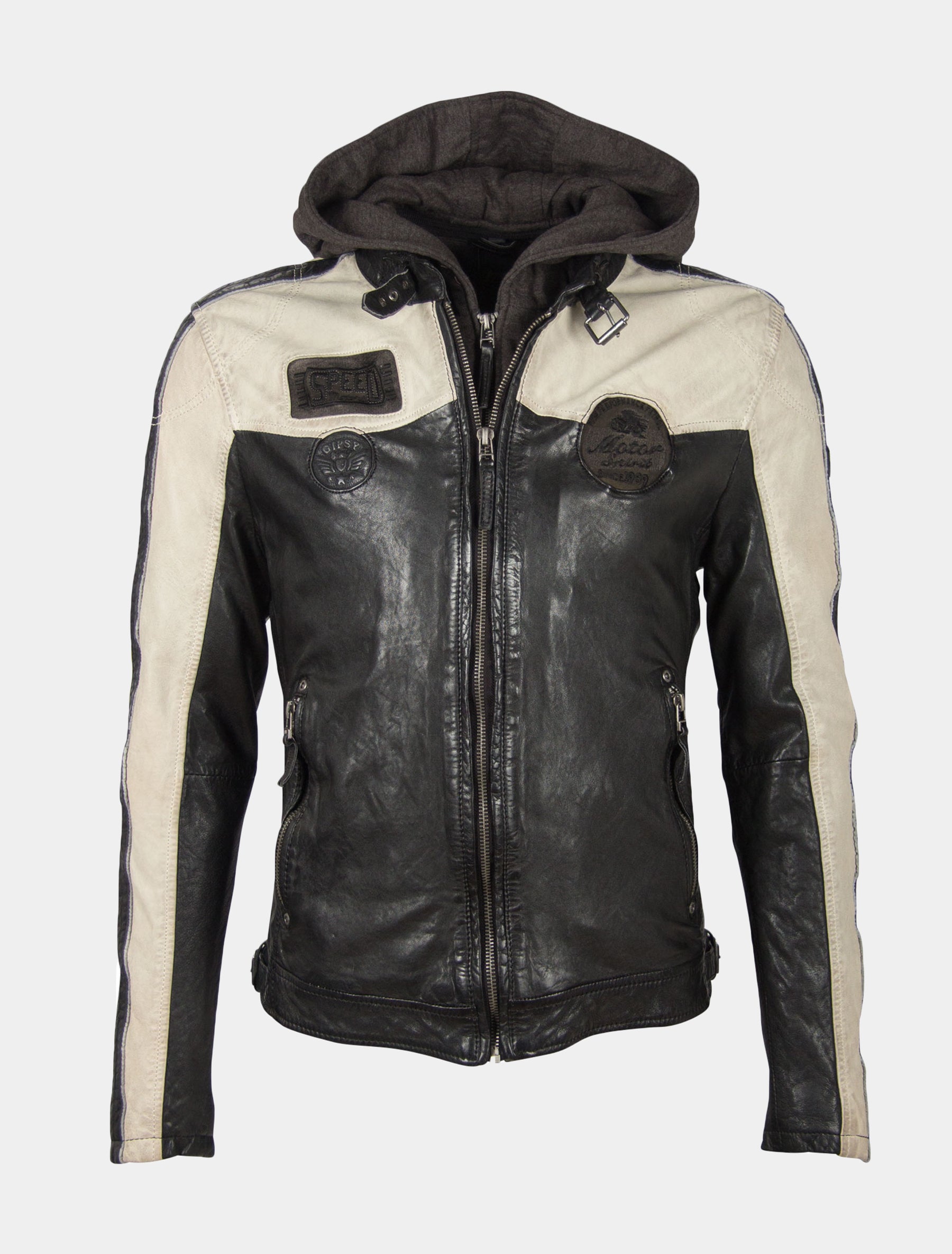 Herren Biker Lederjacke mit Racingstreifen, Patches und abnehmbarer Kapuze - GBTroon 2 SF LACAV in schwarz und offwhite