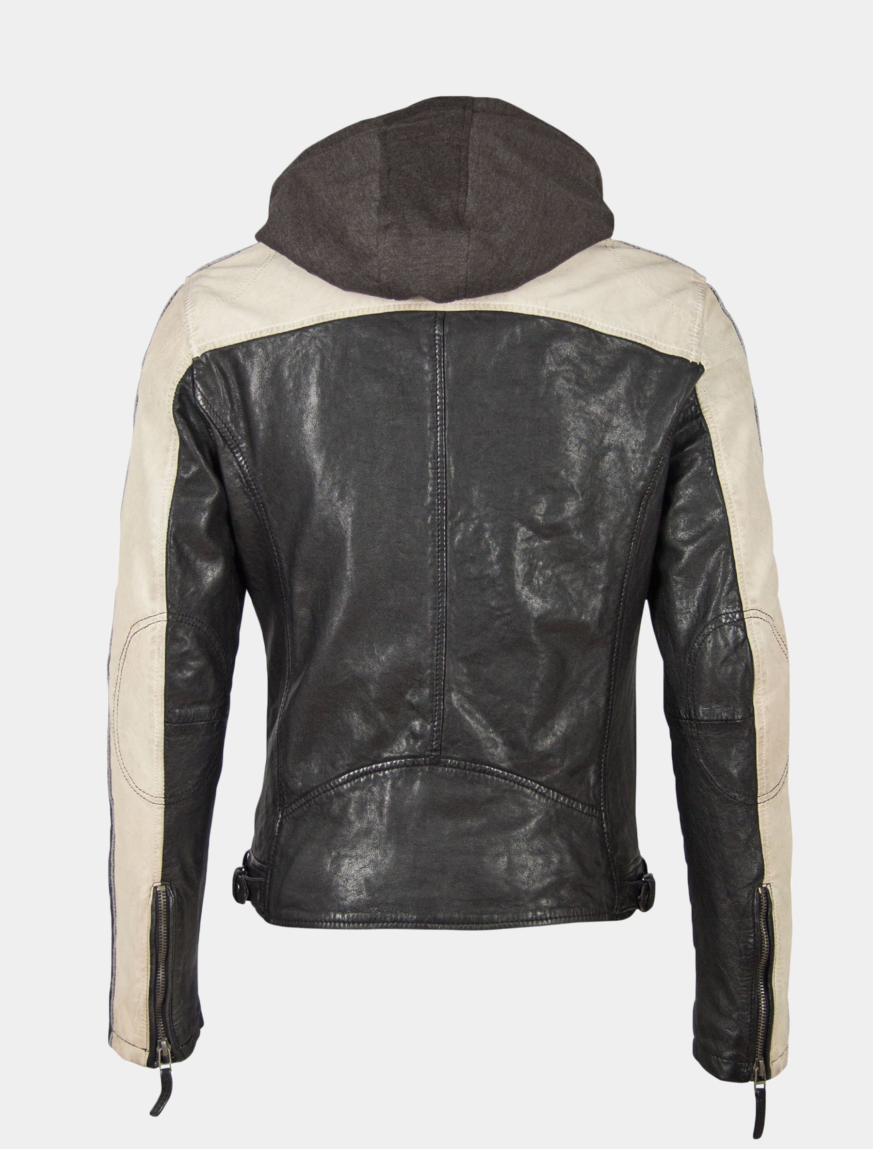 Herren Biker Lederjacke mit Racingstreifen, Patches und abnehmbarer Kapuze - GBTroon 2 SF LACAV in schwarz und offwhite