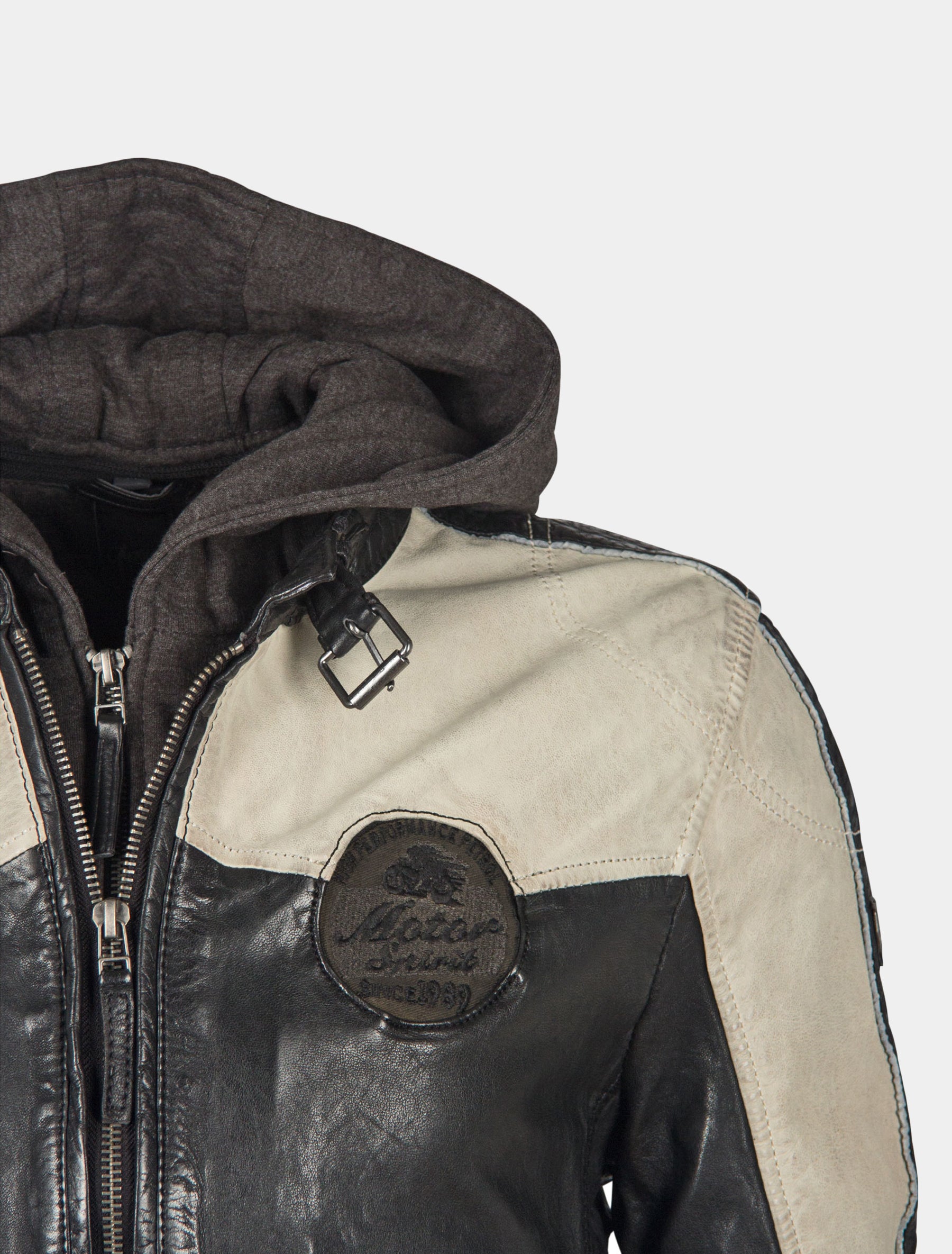 Herren Biker Lederjacke mit Racingstreifen, Patches und abnehmbarer Kapuze - GBTroon 2 SF LACAV in schwarz und offwhite