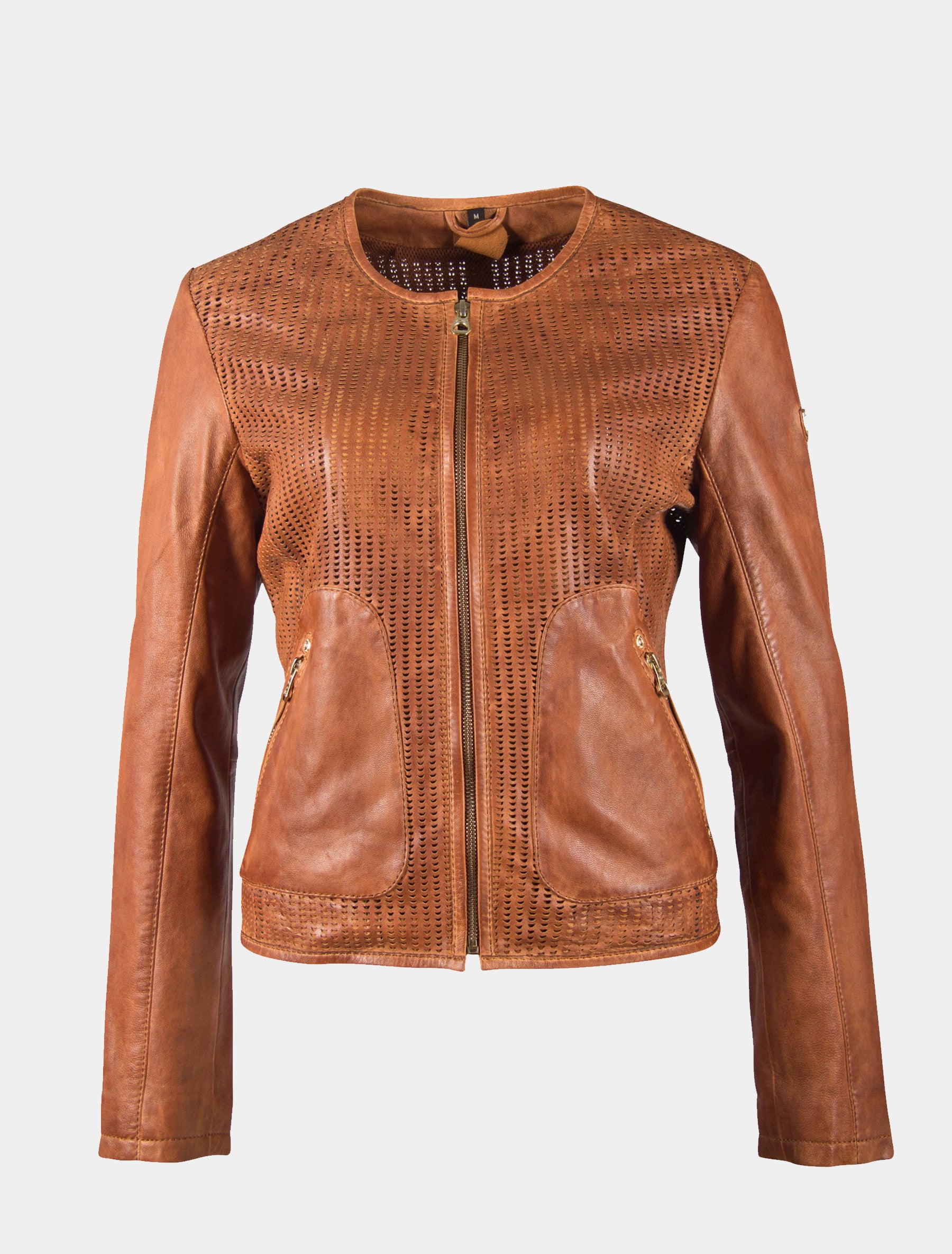 Damen kragenlose Kurzjacke aus perforiertem Leder - GGBlanka LNV in cognac