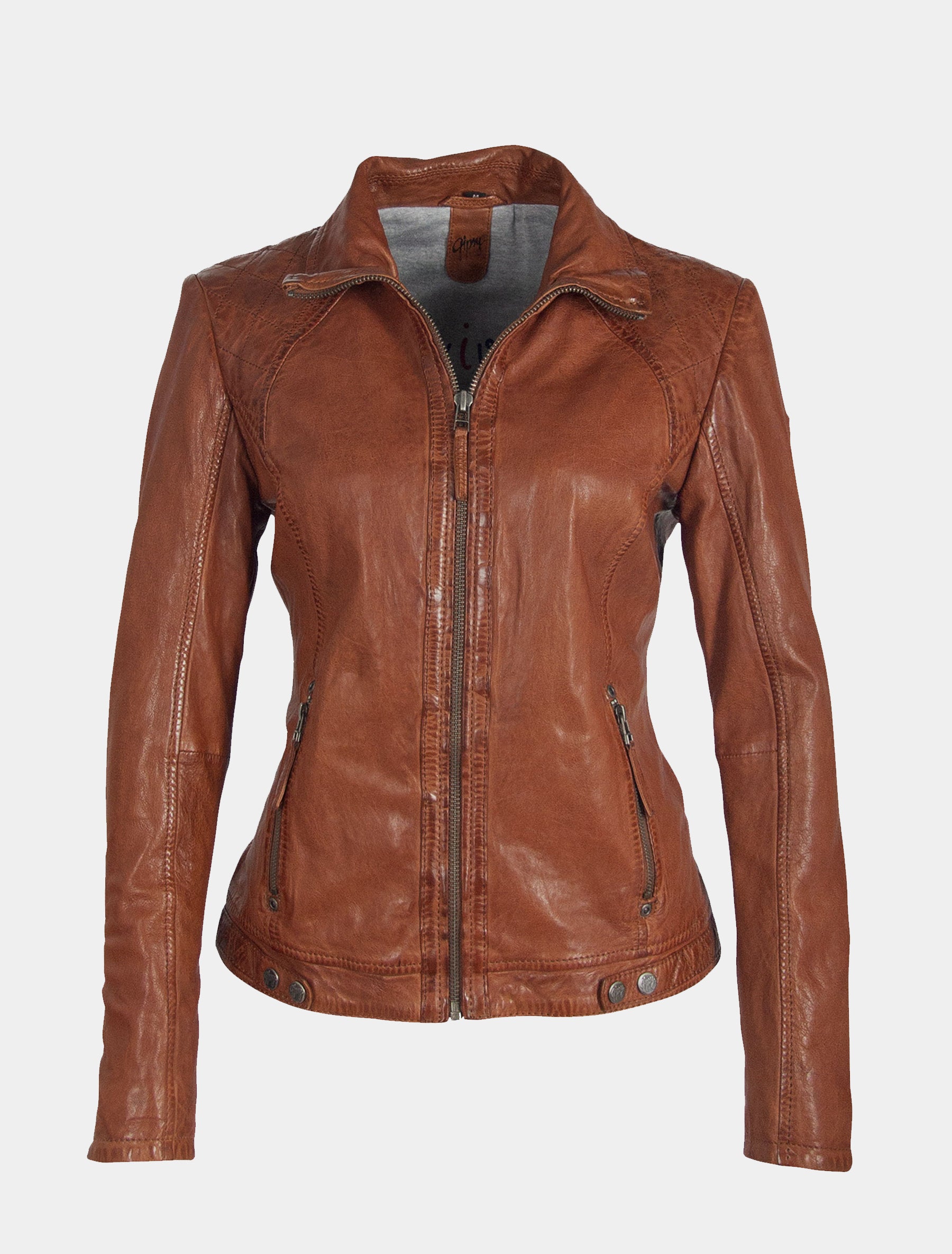 Kurze Damen Leder Bikerjacke mit Umlegekragen - GGCitty LAMAXV in cognac