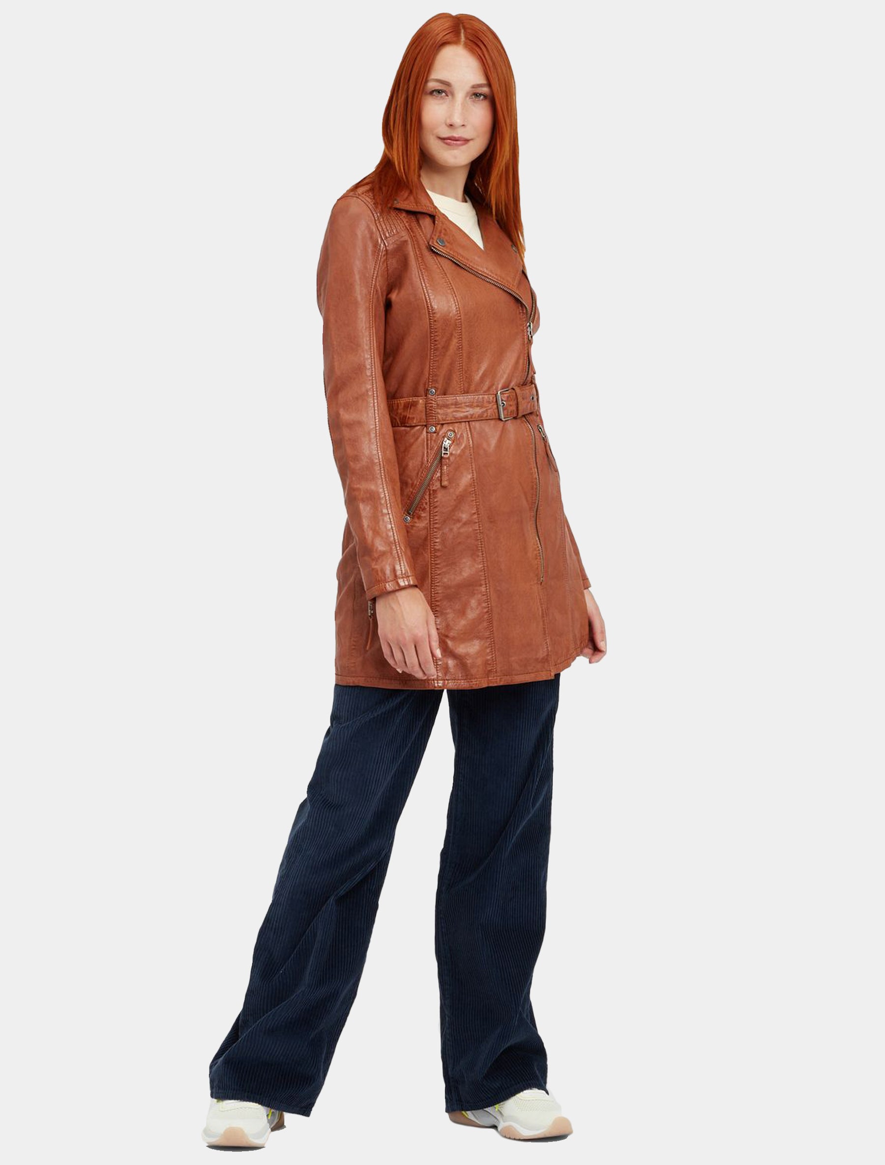 Damen Kurzmantel Ledermantel mit Ledergürtel - GGDenna LEGV in cognac