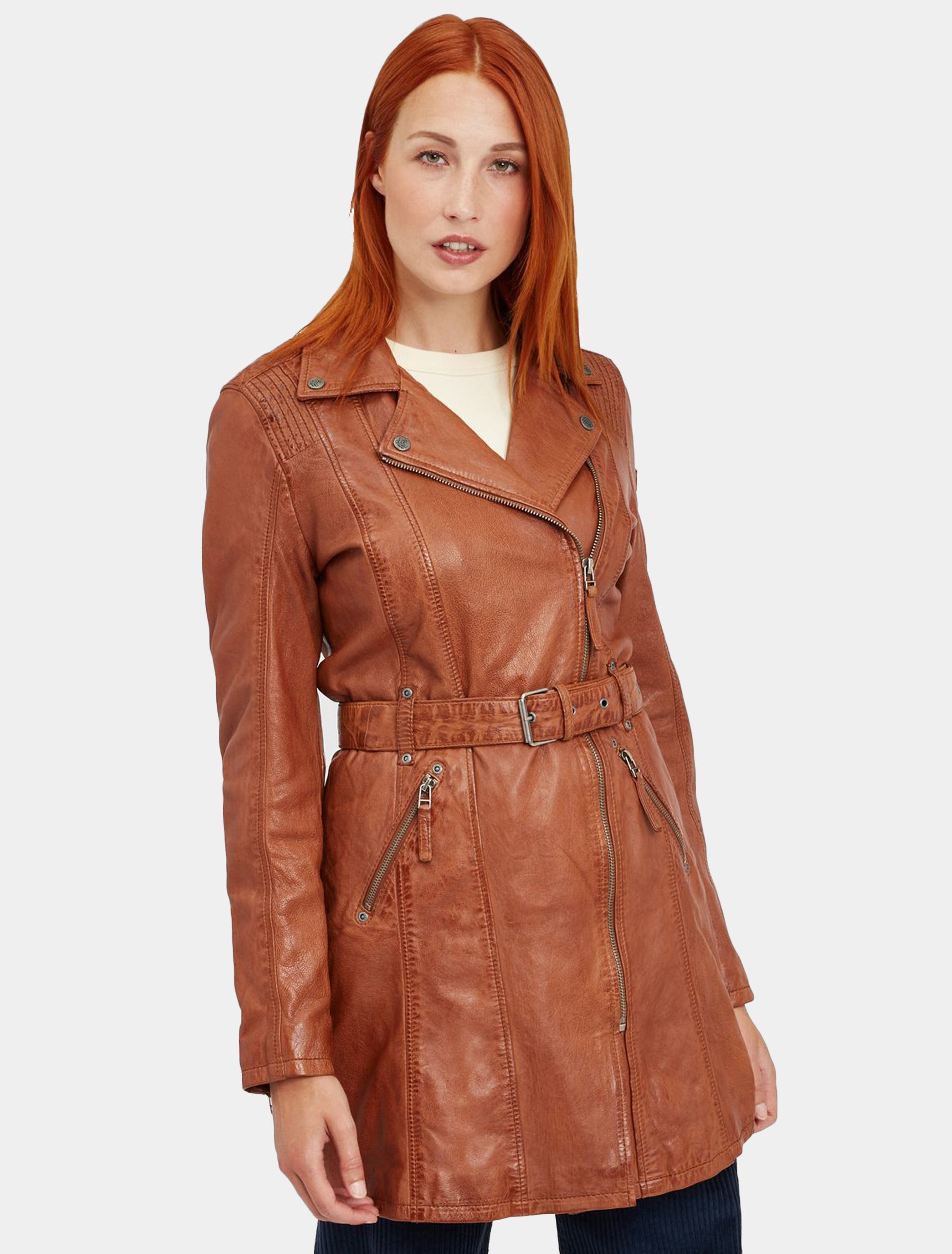 Damen Kurzmantel Ledermantel mit Ledergürtel - GGDenna LEGV in cognac