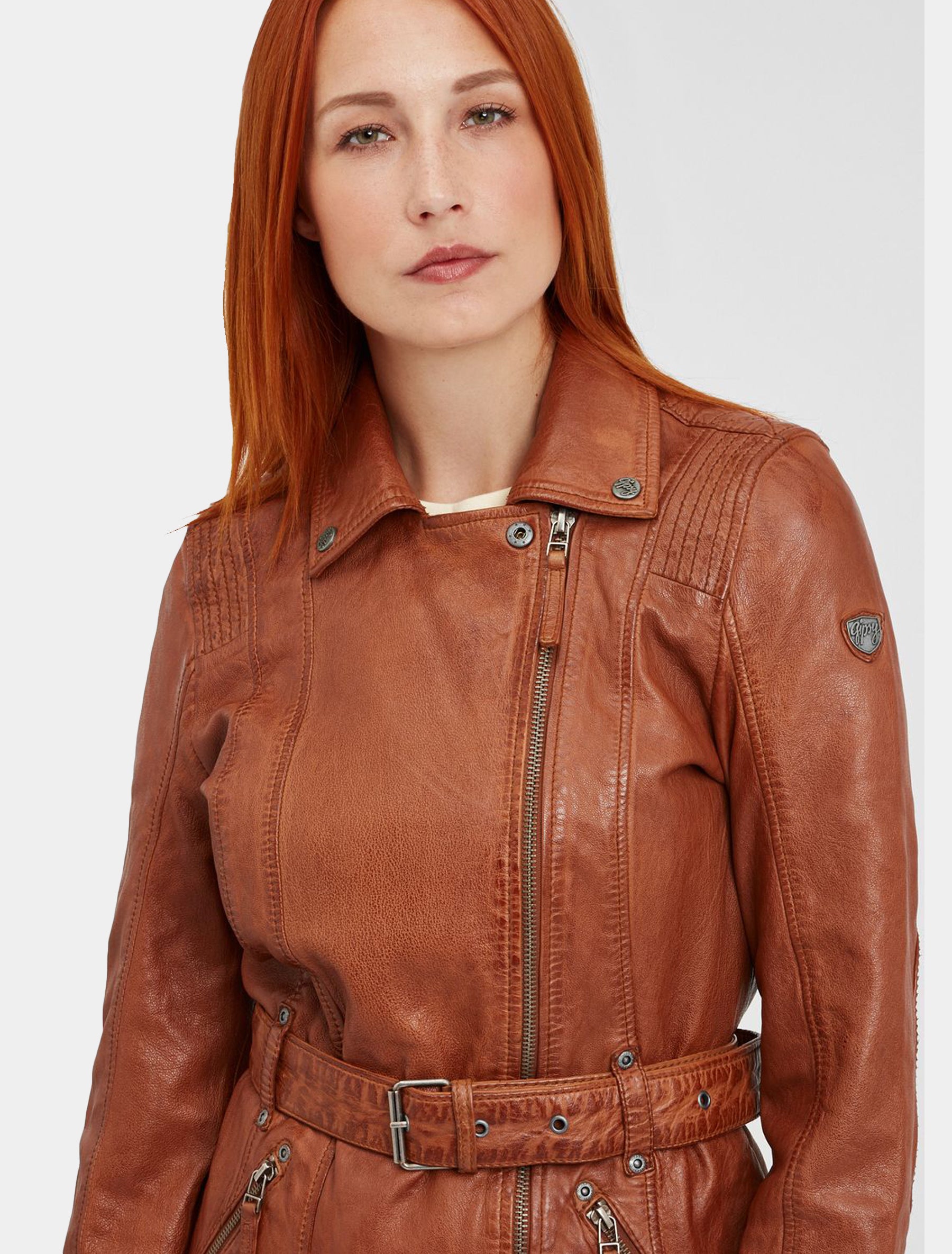 Damen Kurzmantel Ledermantel mit Ledergürtel - GGDenna LEGV in cognac