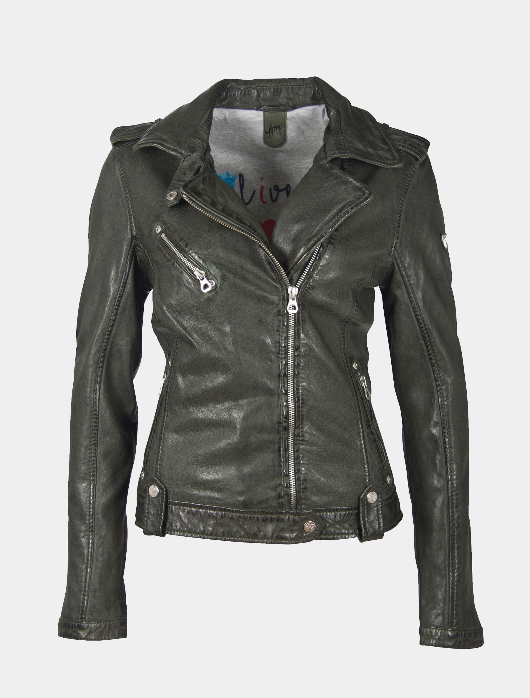 Damen Biker Lederjacke mit Brustreißverschluss - GGFamos LAMAXV in forest green