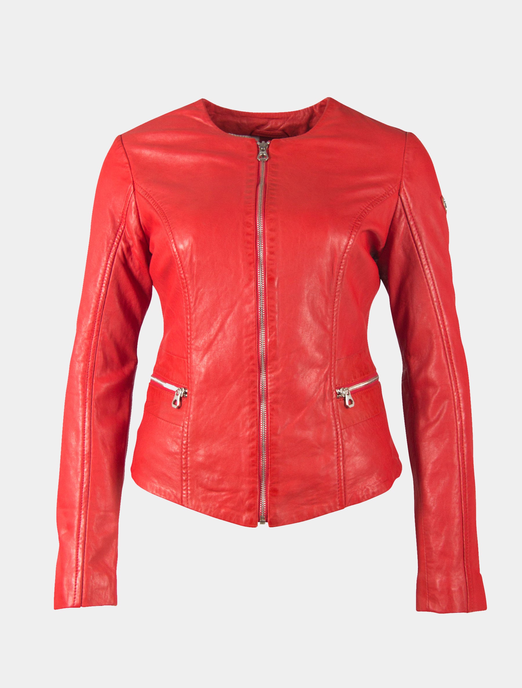 Kurze kragenlose Damen Lederjacke - GGGiana NSLONTV in rot