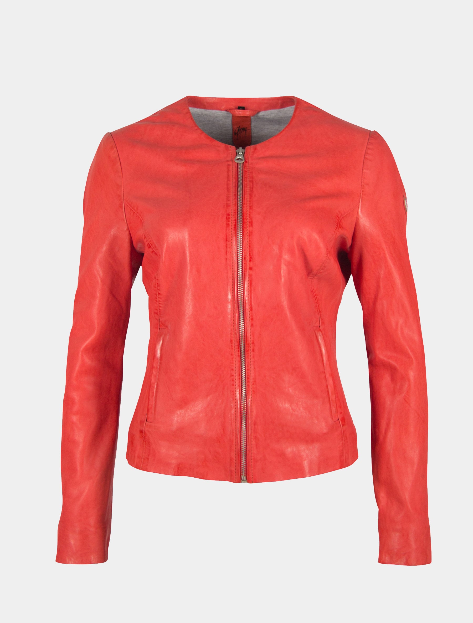 Damen kragenlose Kurzjacke aus Lammleder - GGGlorya LNICV in orange rot