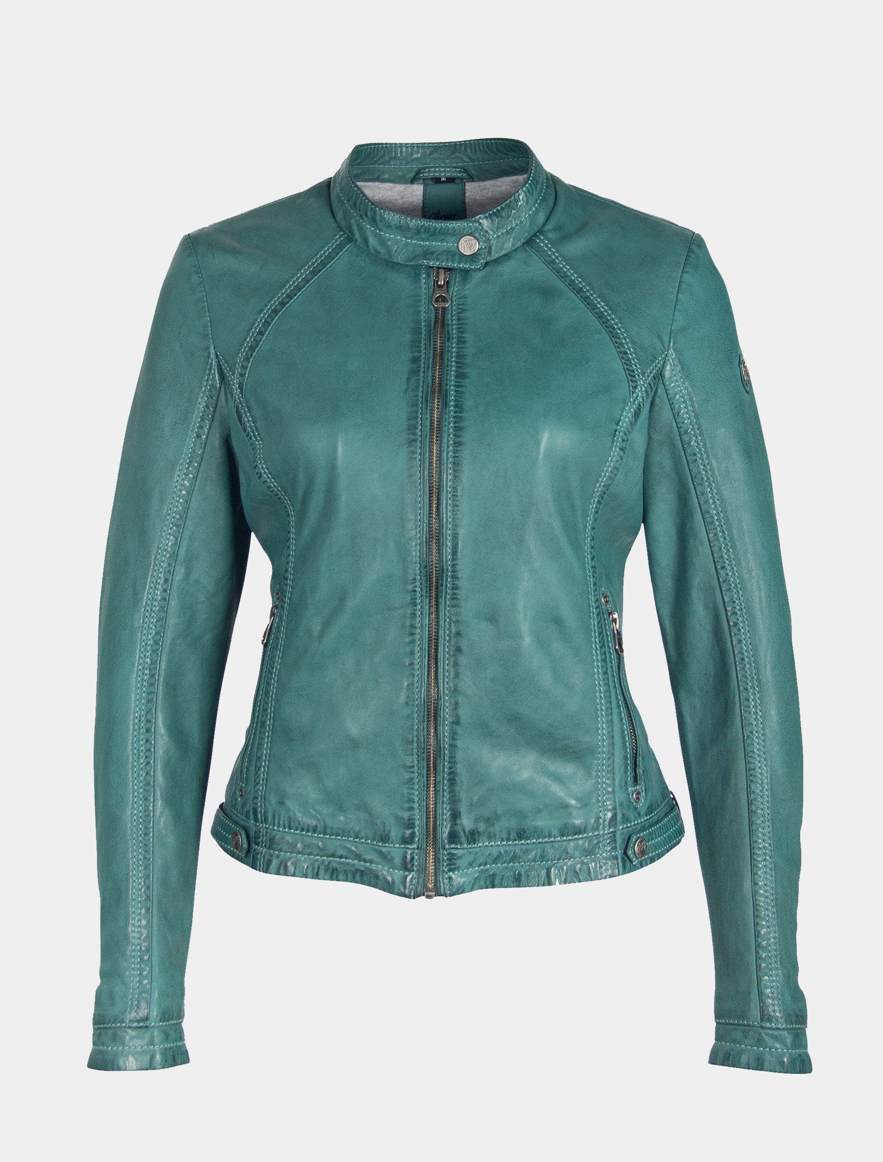 Kurze Damen Lederjacke im klassischen Biker Stil mit Stehkragen - GGJany LAMAS in türkis