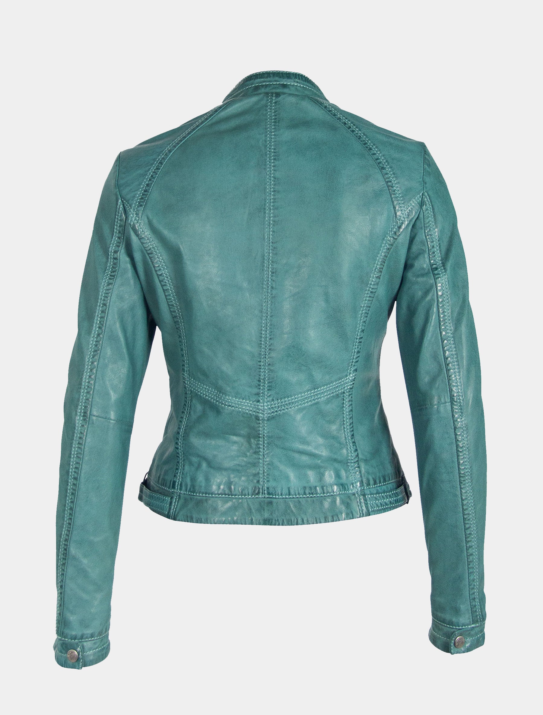 Kurze Damen Lederjacke im klassischen Biker Stil mit Stehkragen - GGJany LAMAS in türkis