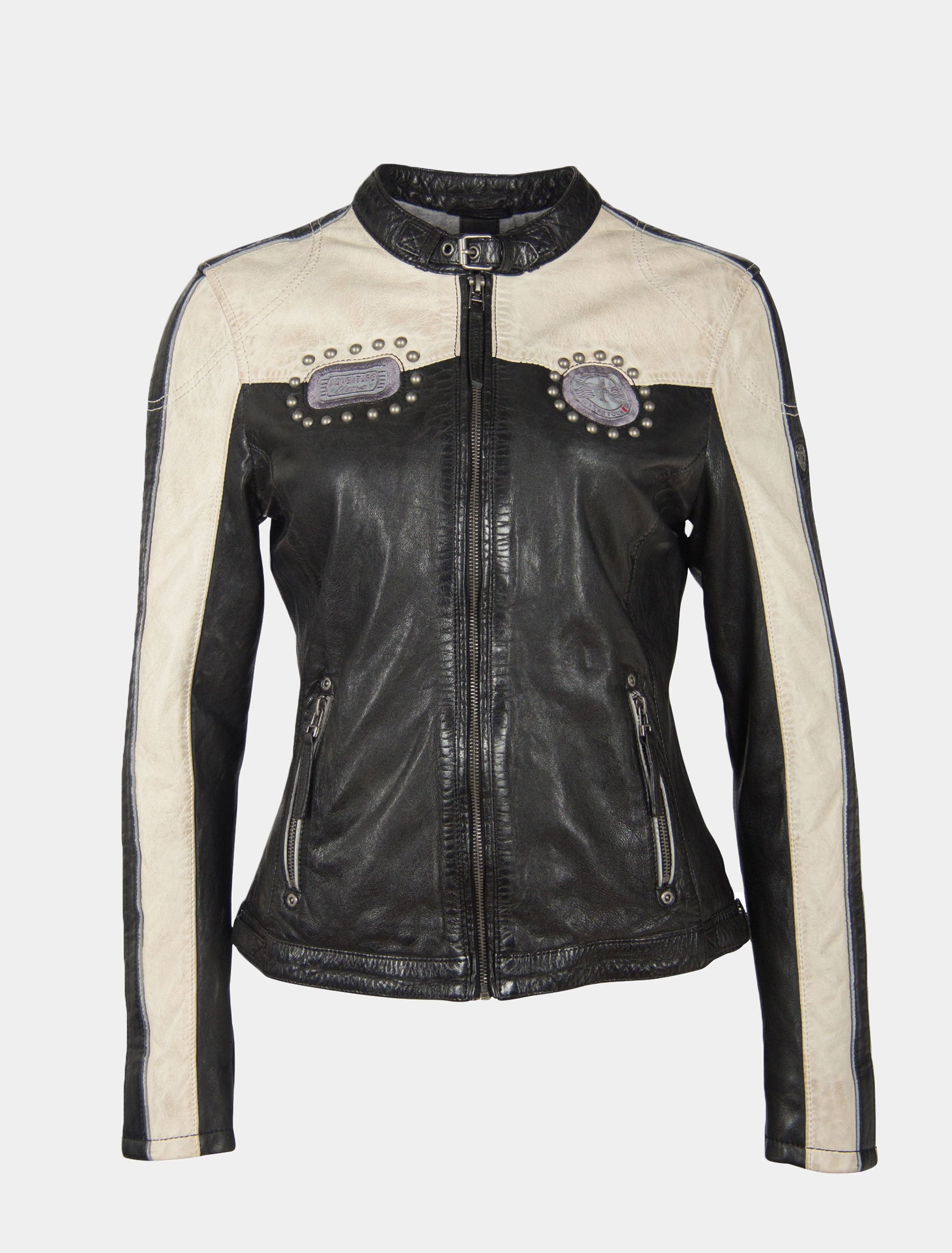 Mehrfarbige Damen Biker Lederjacke mit Patches und Nieten im Racing Look - GGPattie in schwarz und offwhite