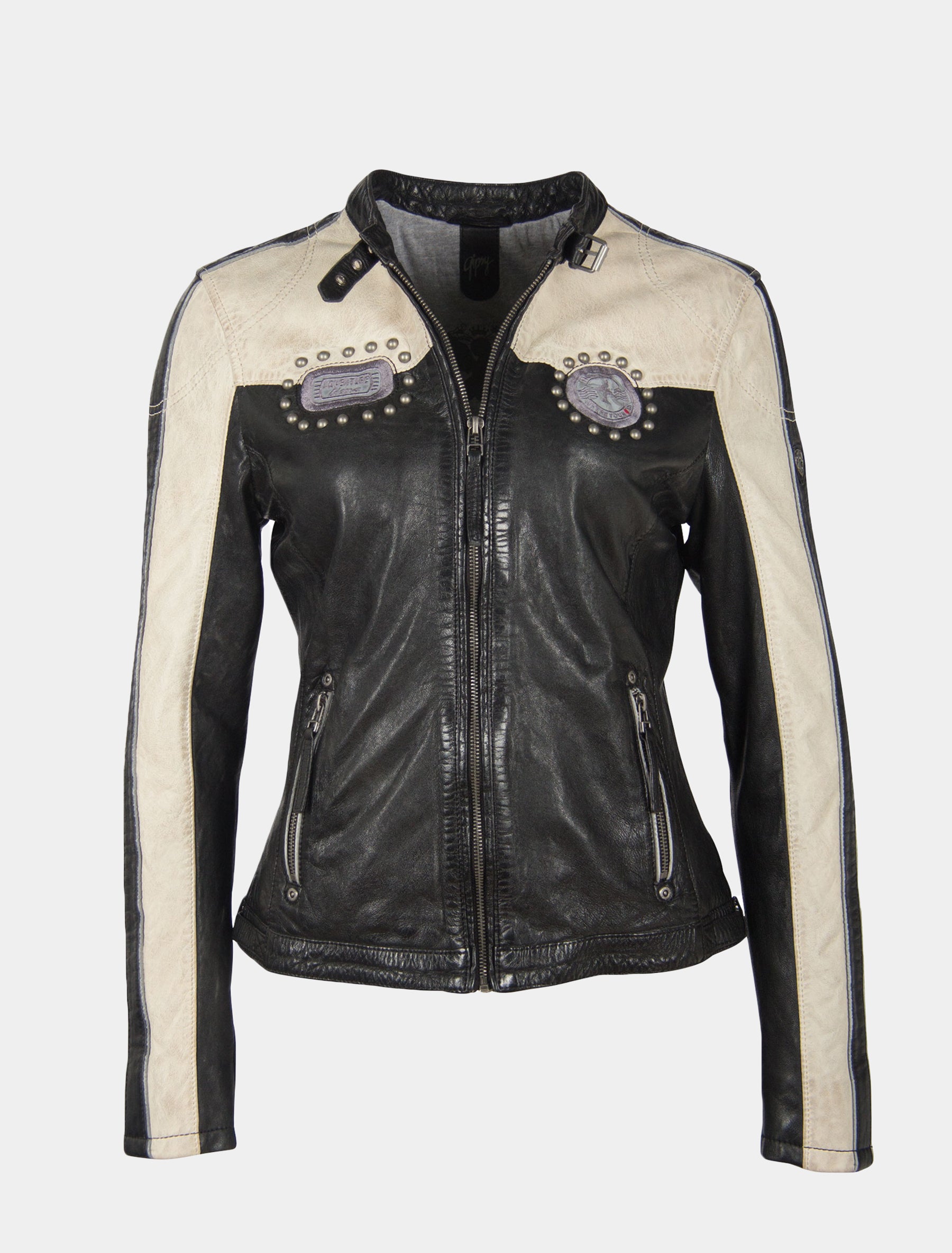 Mehrfarbige Damen Biker Lederjacke mit Patches und Nieten im Racing Look - GGPattie in schwarz und offwhite