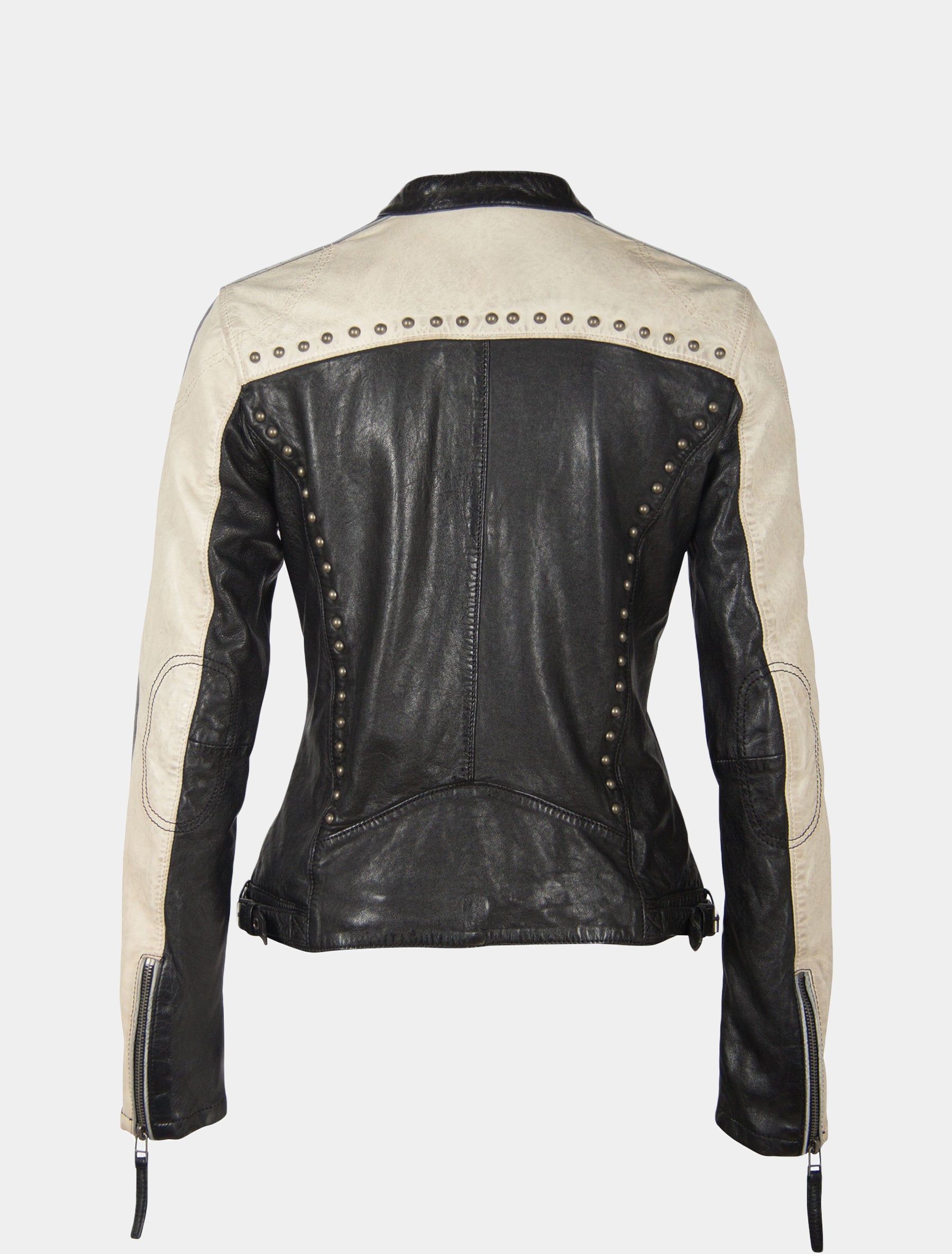 Mehrfarbige Damen Biker Lederjacke mit Patches und Nieten im Racing Look - GGPattie in schwarz und offwhite