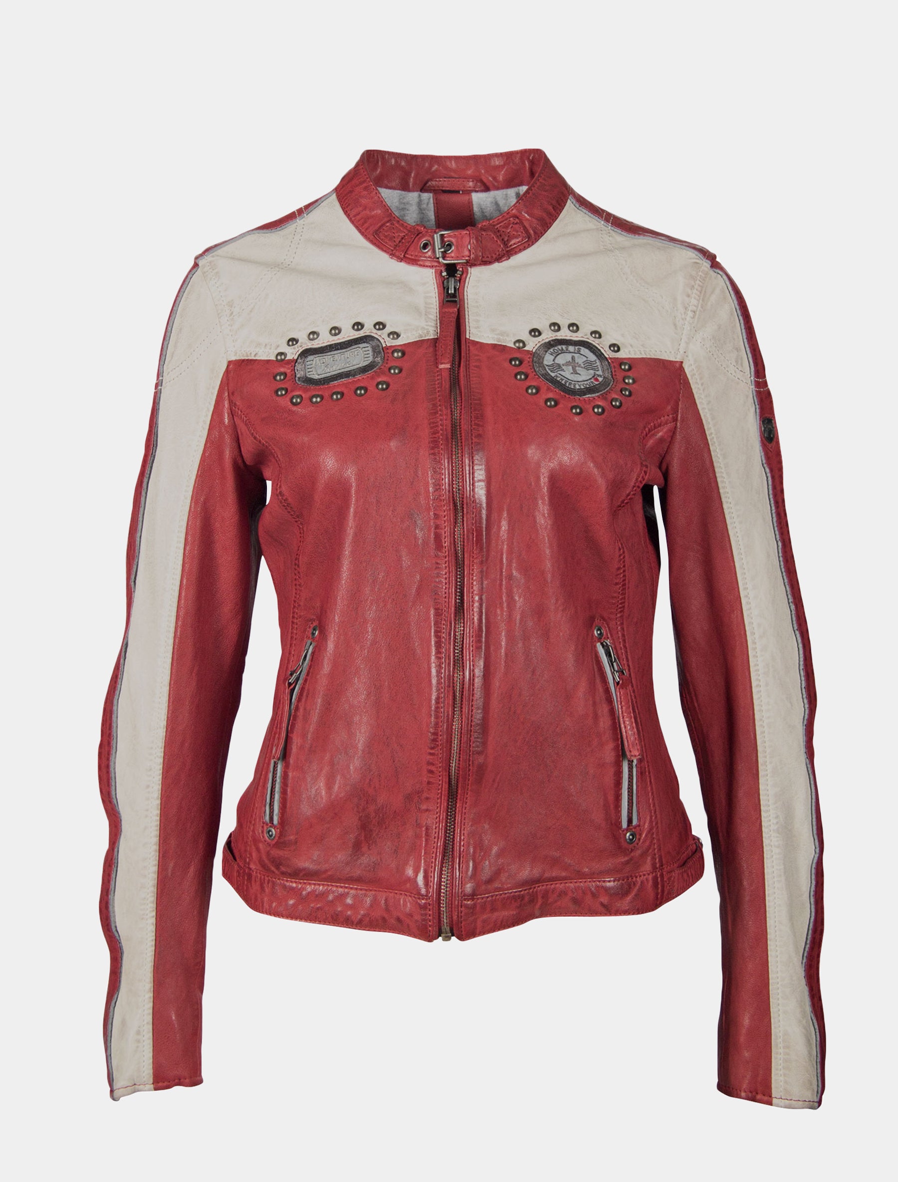 Mehrfarbige Damen Biker Lederjacke mit Patches und Nieten im Racing Look - GGPattie in rot und offwhite