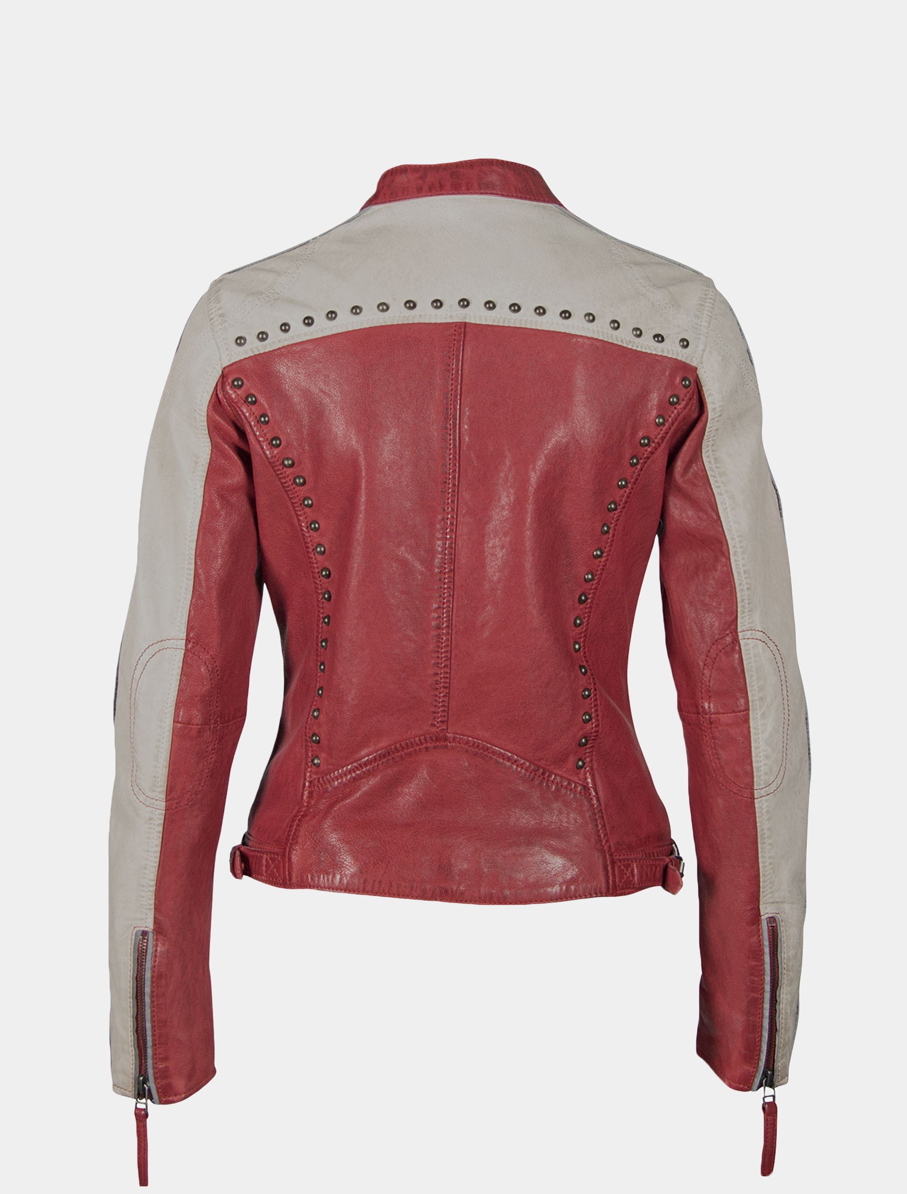 Mehrfarbige Damen Biker Lederjacke mit Patches und Nieten im Racing Look - GGPattie in rot und offwhite